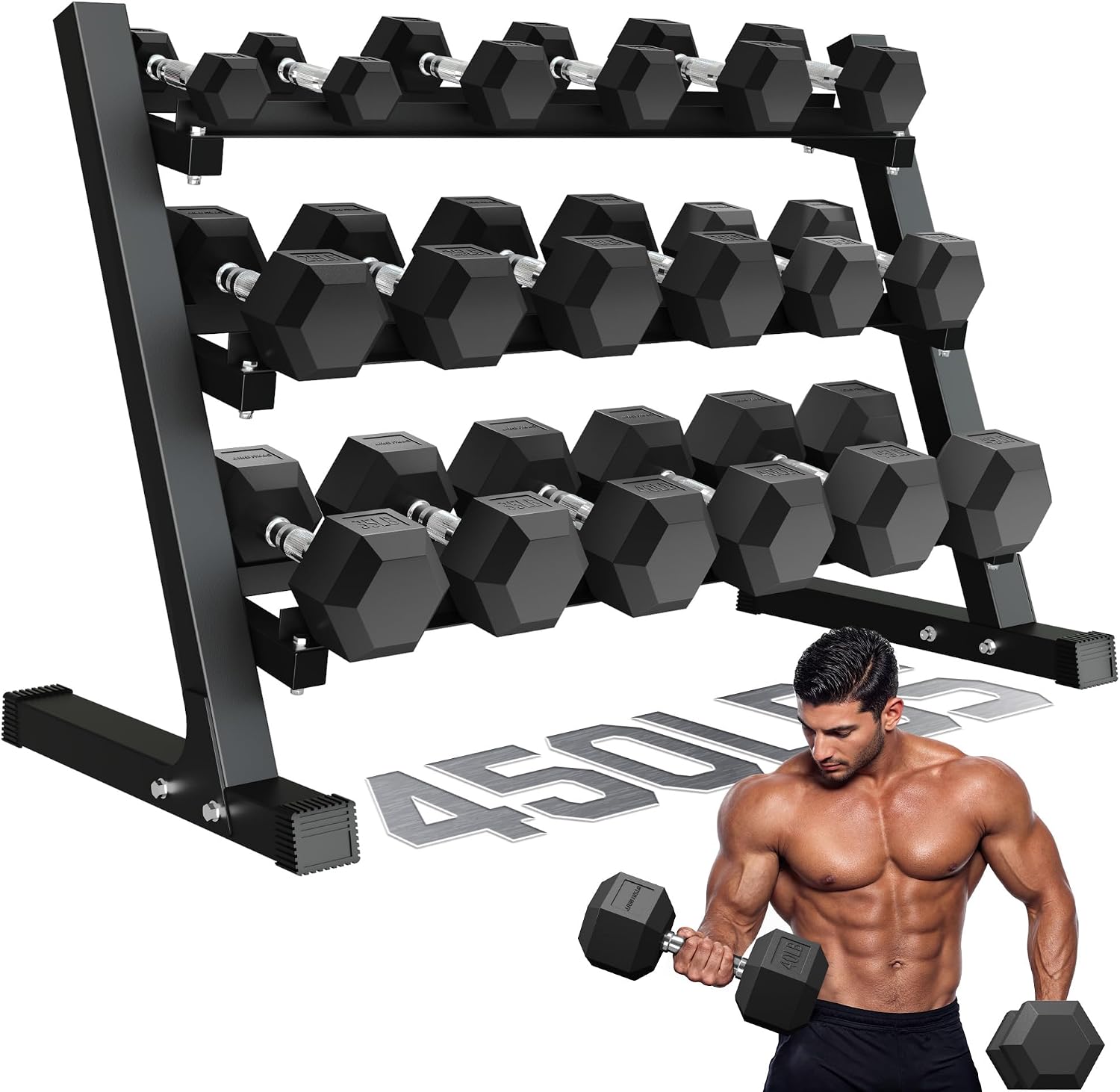 Dumbbell Sets with Rack, Rubber Hex Dumbbells, 160/220/280/360/450/550LBS, Hand Weights with Chrome Handle for Strength Training