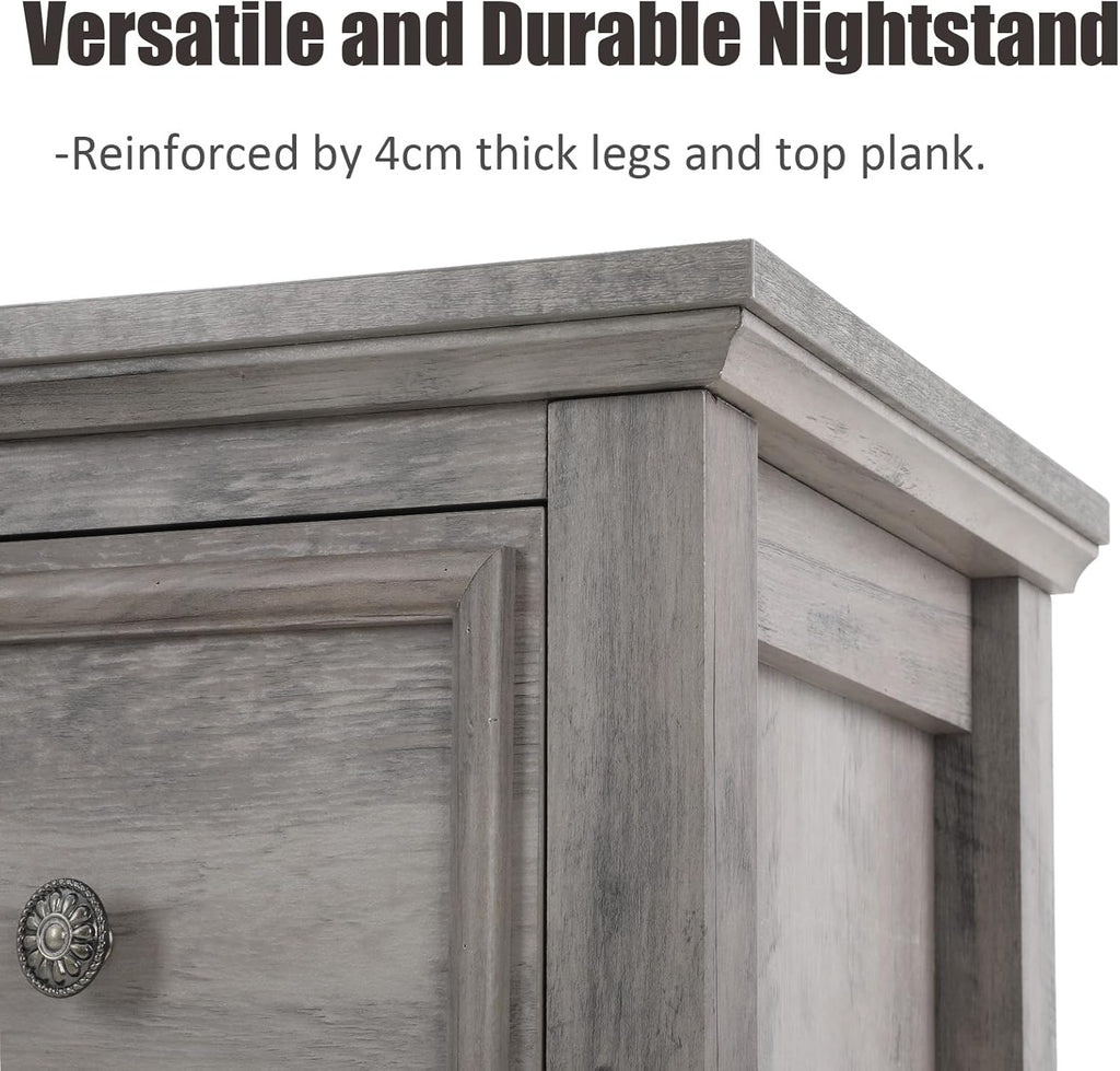 LGHM Large Nightstand with Charger Station, 27' W Night Stand with 3 Large Drawers, Accent Small Dresser Bed Side Table, Stable Thick Wood Legs, Timeless Look,Gray