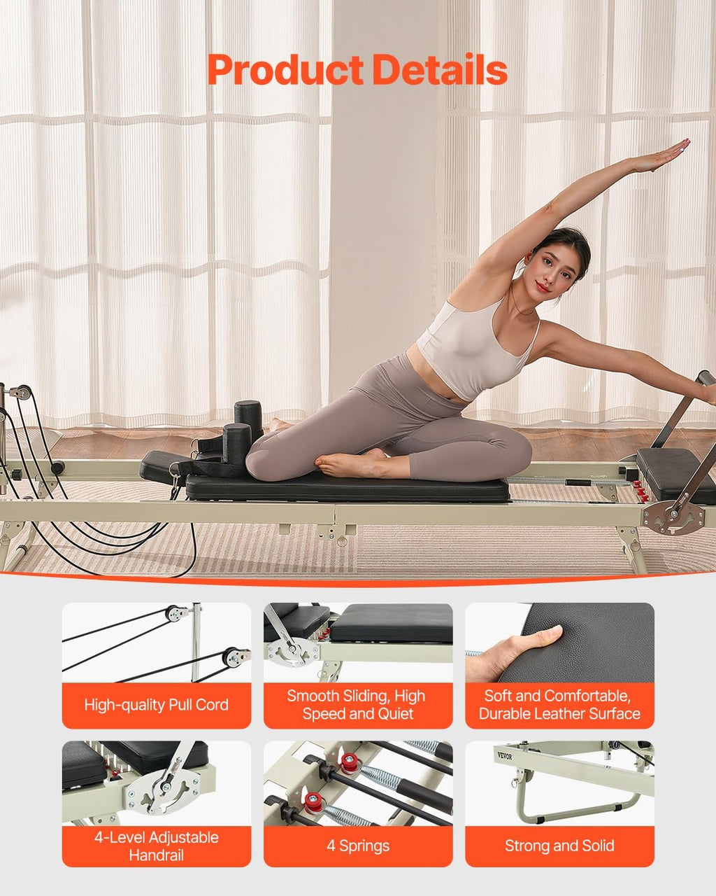 VEVOR Pilates Reformer Foldable, Suitable for Intermediate and Beginners Users, Pilates Equipment for Home Gym Studio Use with 4 Adjustable Resistance Spring, Up to 400 LBS