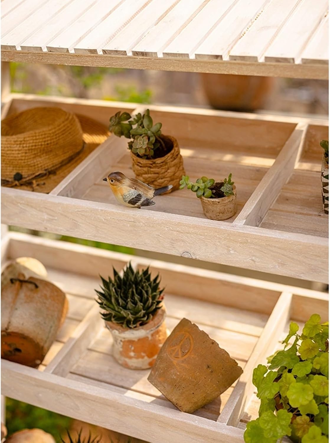 Potting Bench Table with Wheels, Wooden Garden Potting Table Work Table Workstation with 2 Tier Display Rack/Storage Shelf