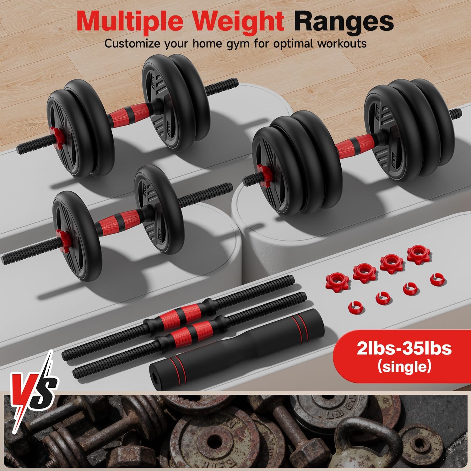 Adjustable Dumbbell Set, 20/30/45/70/90lbs Free Weight Set With Double Locknut, 5-in-1 Dumbbells Set Includes Barbell, Kettlebells, Push up Stand, Weight Plate, Fitness Exercise for Home Gym Suitable Men/Women