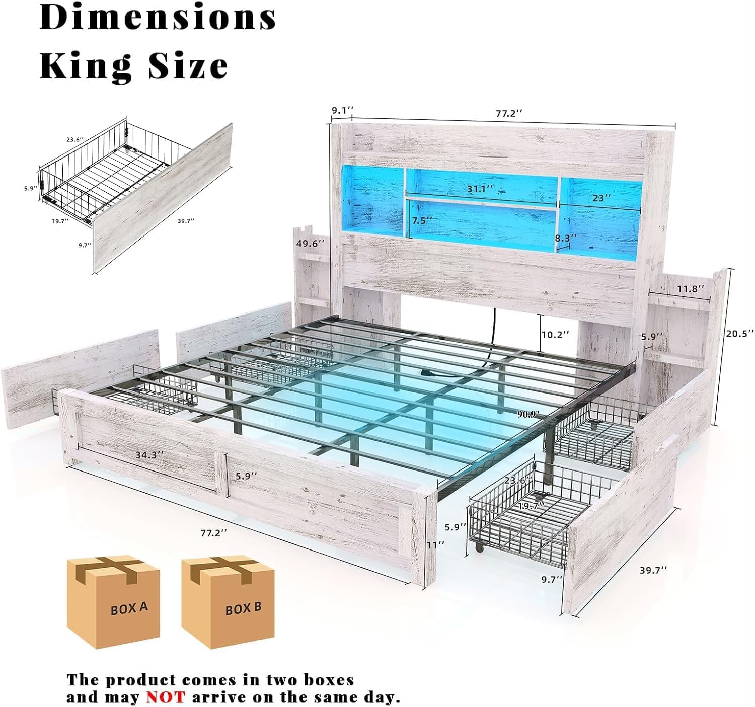LUXOAK King Bed Frame with 49.6' Bookcase Headboard & 2 Bedside Stoage Racks & 4 Drawers, Farmhouse Wood Bed Frame with RGB LED & Charging Station, No Box Spring Needed, Distressed White