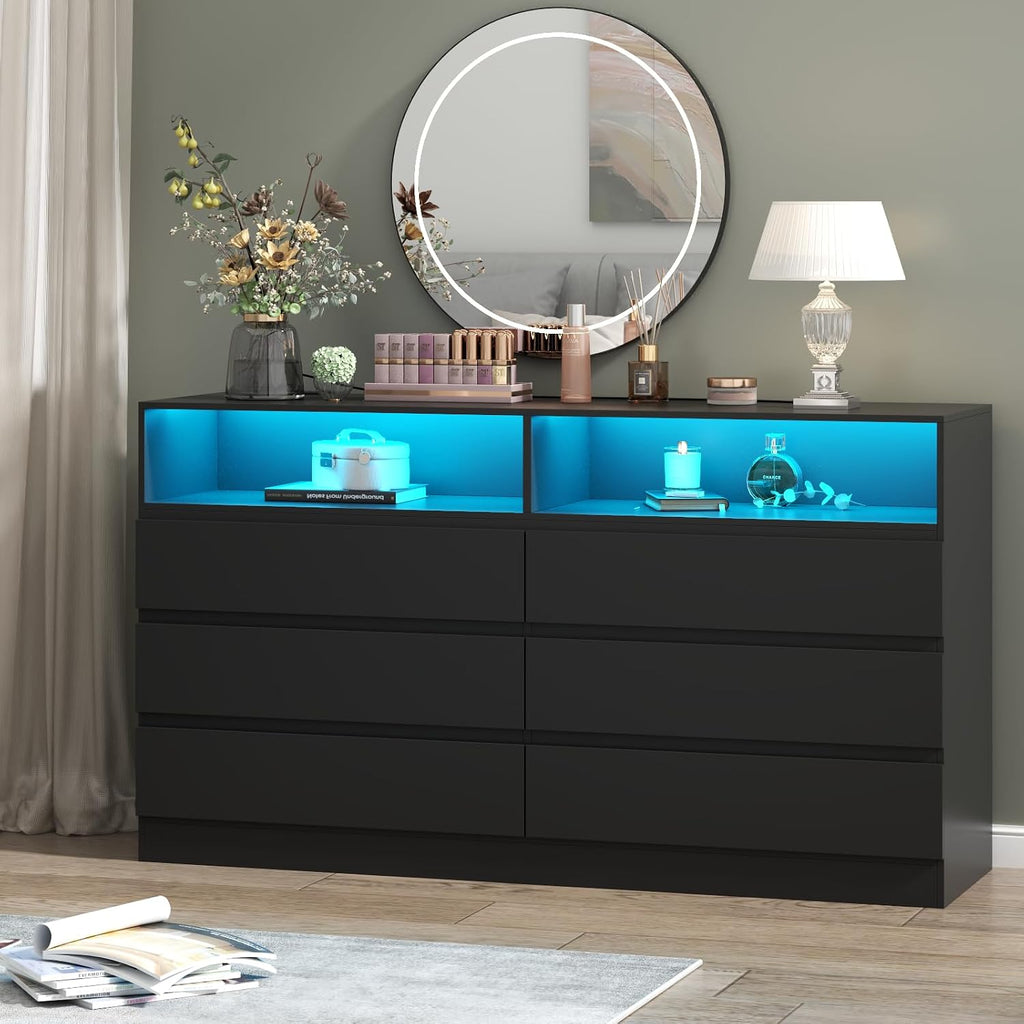 Loomie 6 Drawer Dresser for Bedroom, Wide Chest of Drawers with Charging Station and LED Lights, Traditional Bedroom Furniture, Modern Storage Dresser TV Stand for Living Room (Black)