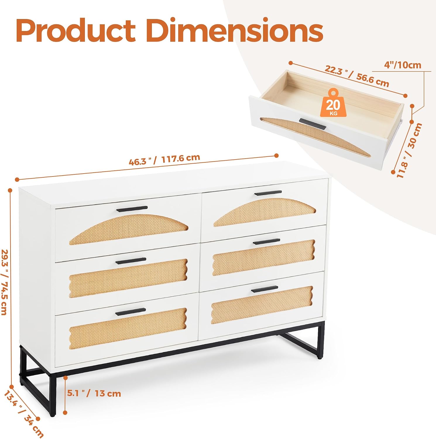 Mericonia 6 Drawer Double Dresser for Bedroom, Rattan Chest of Dressers, Modern Wooden Dresser Chest with Metal Frame for Bedroom, Living Room, Hallway and Entryway, White