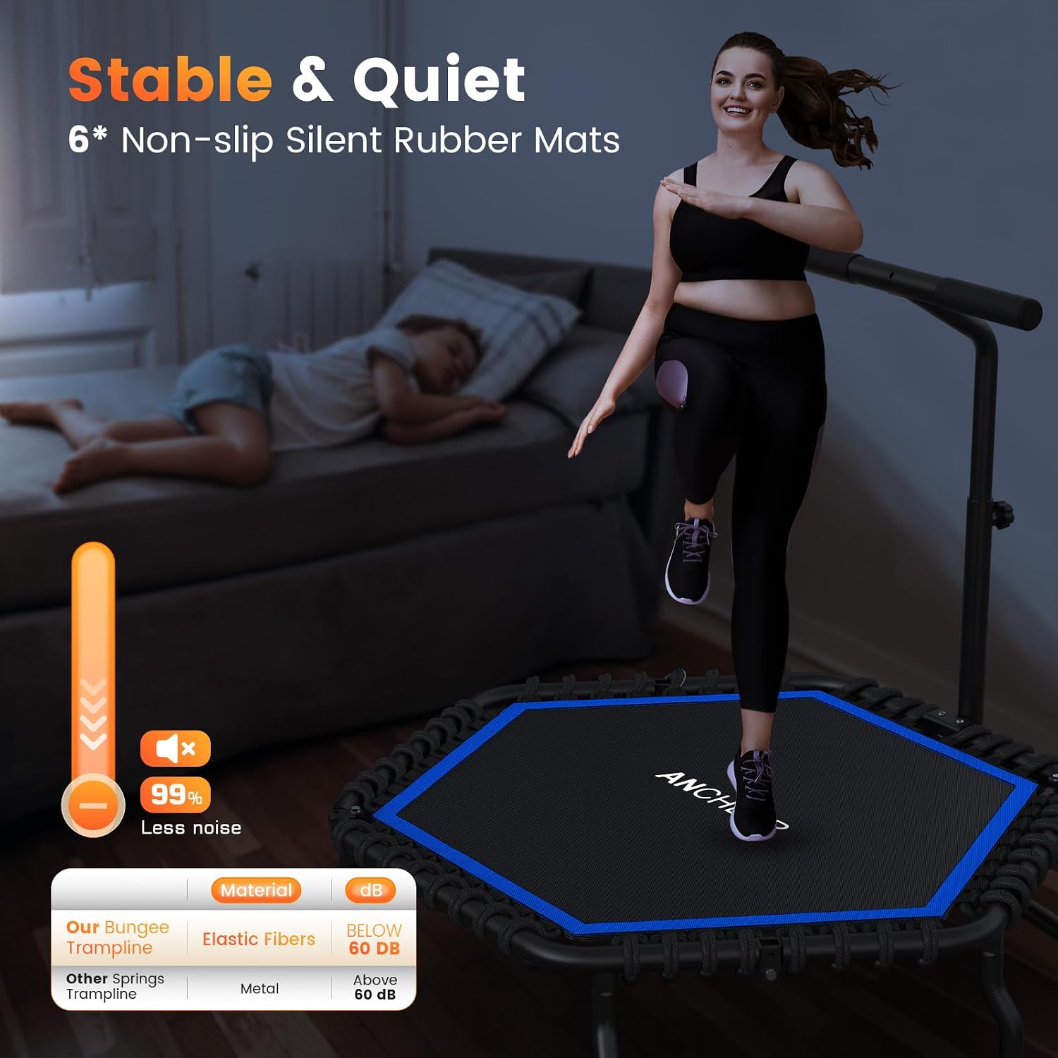 ANCHEER 50' Rebounder Trampoline for Adults- 2026 Foldable Mini Trampoline with Bar- Exercise Trampoline for Adults, Max Load 560lbs, for Indoor/Garden Workout