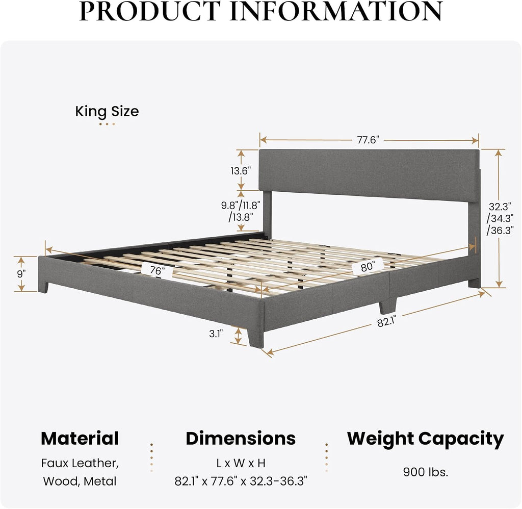 SHA CERLIN Dark Grey King Platform Upholstered Bed Frame with Adjustable Headboard, Wood Slats Support, No Box Spring Needed, Easy Assembly, Easy Clean Up