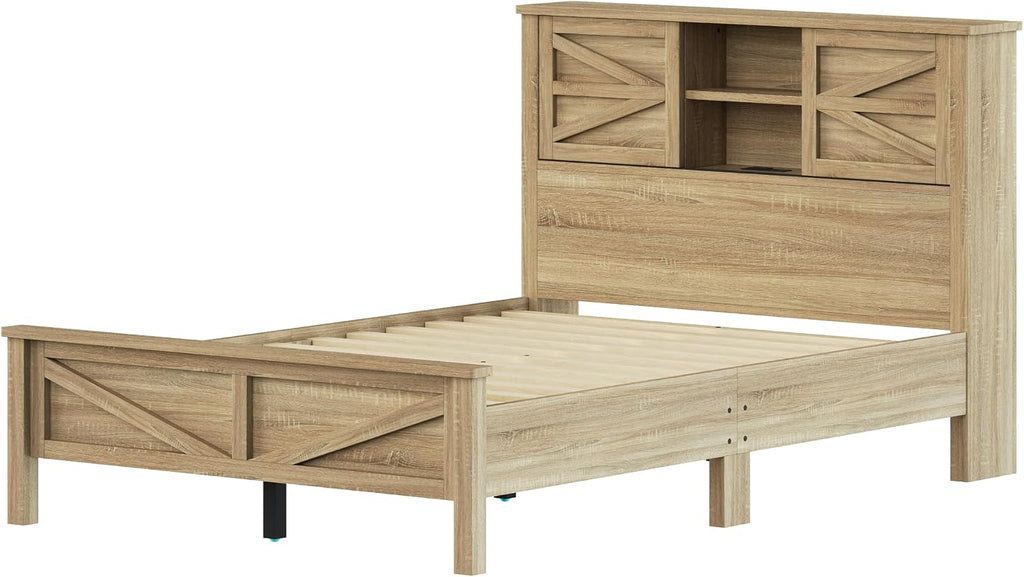 3 s Bedroom Sets Full Size Platform Bed with Double Sliding Door Storage Headboard and Charging Station, Storage Nightstand and Dresser, Natural
