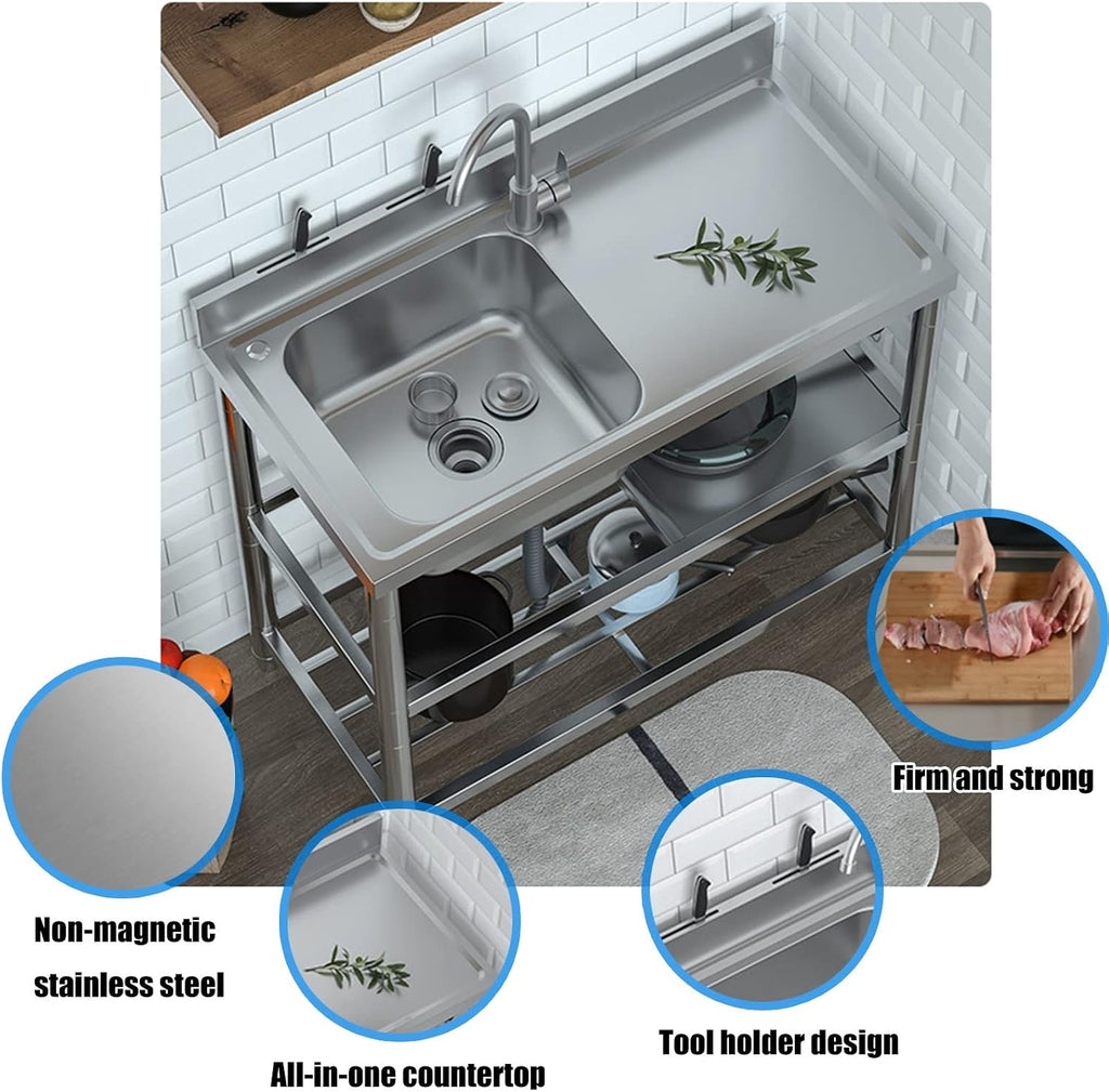 Stainless Steel Utility Sink with Workbench, Commercial Restaurant Sink Kitchen Sinks Set Prep & w/Faucet & Drainboard, Laundry Room Single Bowl Outdoor Kitchen Sinks(Hot Cold Faucet Right,47.2in)