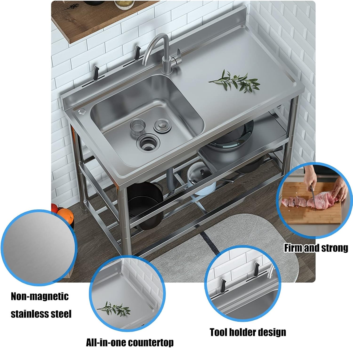 Stainless Steel Utility Sink with Workbench, Commercial Restaurant Sink Kitchen Sinks Set Prep & w/Faucet & Drainboard, Laundry Room Single Bowl Outdoor Kitchen Sinks(Hot Cold Faucet Right,31.5in)