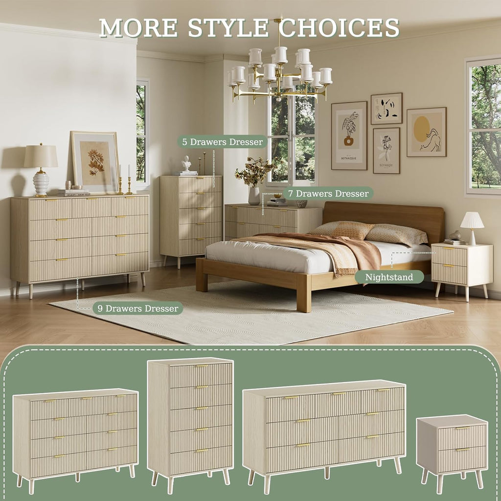 LYNSOM Fluted 9 Drawer Dresser for Bedroom, 55' Wide Modern Chest of Drawers with Curved Profile Design and Metal Handles, Wood Dresser TV Stand & Storage Organizer for Bedroom, Hallway, Beige