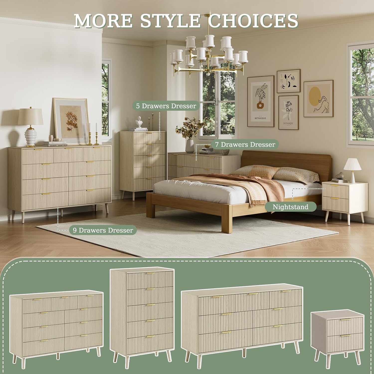 LYNSOM Fluted 9 Drawer Dresser for Bedroom, 55' Wide Modern Chest of Drawers with Curved Profile Design and Metal Handles, Wood Dresser TV Stand & Storage Organizer for Bedroom, Hallway, Beige