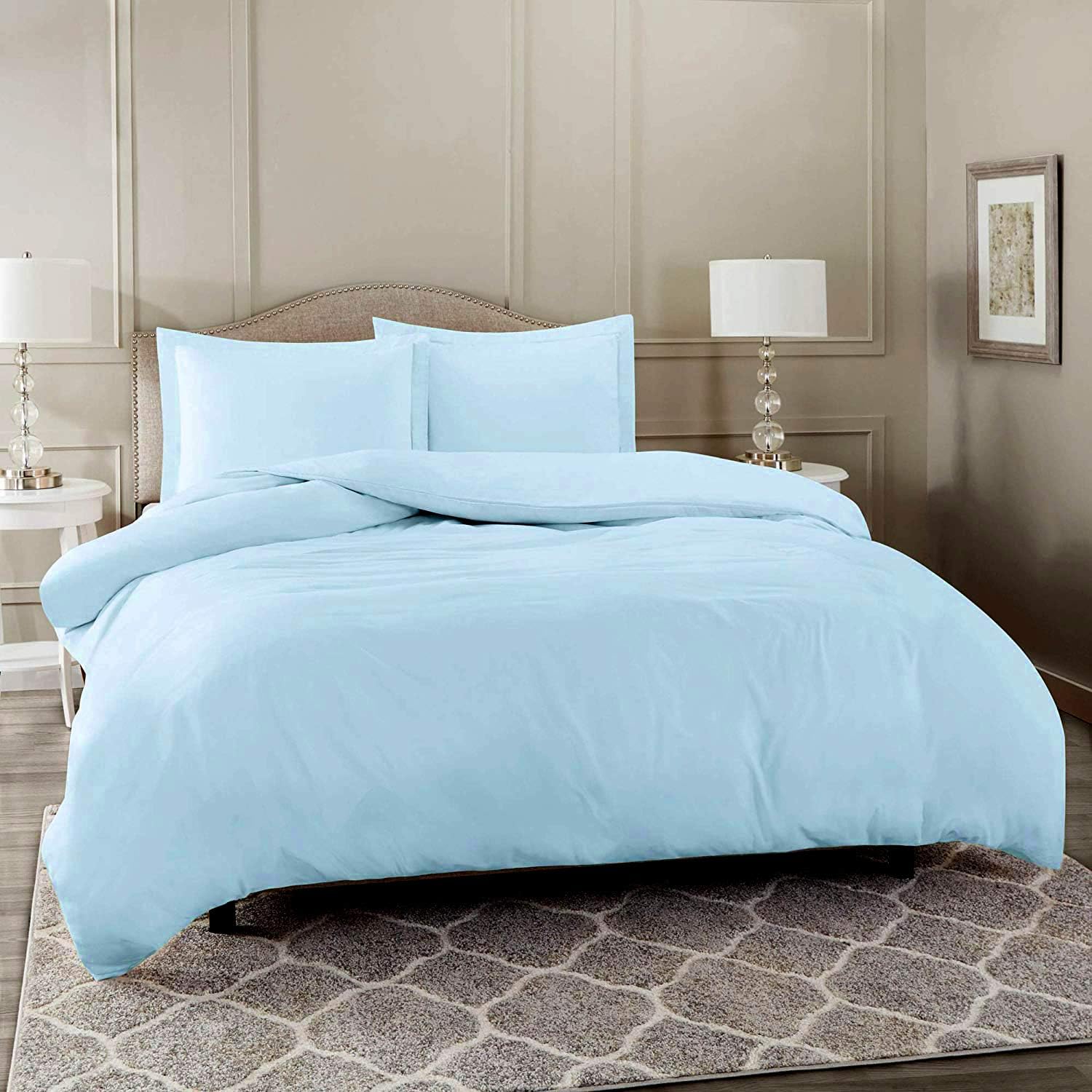 4 Piece Bed in a Bag Set 100% Egyptian Cotton 600 Thread Count Duvet Cover Pillow Shams & Fitted Sheet with Extra Deep Pocket Soft Bedding(Queen Size, Sky Blue)