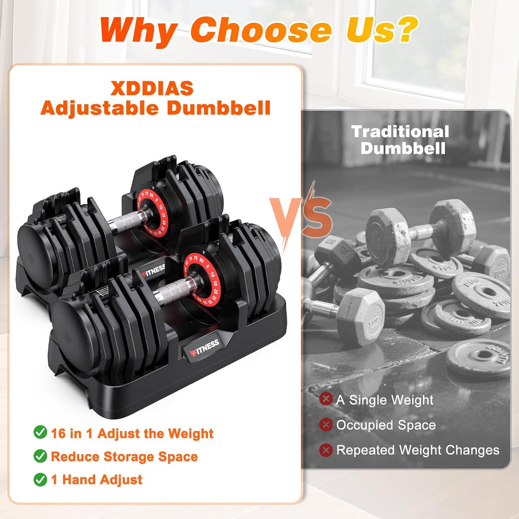 XDDIAS Adjustable Dumbbells Set of 2 for Strength Training, One-Hand Quick Adjust, 25/55/80/90 lbs Options, Anti-Slip Grip Handle, Compact Home Gym Weights for Men Women