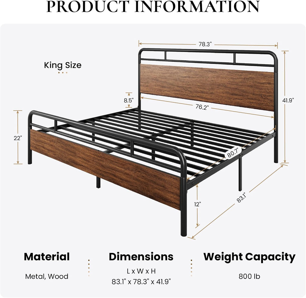 SHA CERLIN King Size Bed Frame with Wooden Headboard and Footboard, Rounded Corner Metal Structure, Heavy Duty Slats with Under-Bed Storage, No Box Spring Needed, Walnut