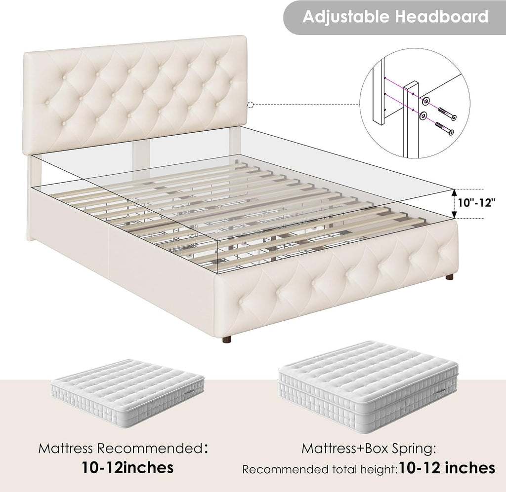Keyluv Modern Upholstered Bed Frame with 4 Drawers, Button Tufted Headboard Design, Solid Wooden Slat Support, Easy Assembly, Fabric, Beige, Full Size