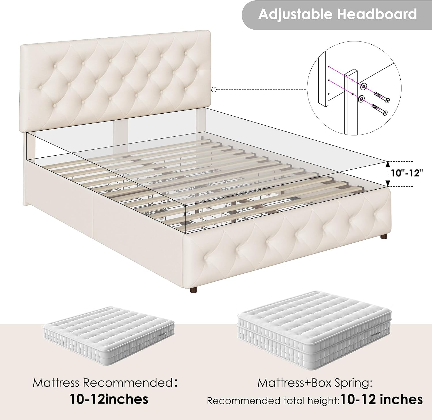 Keyluv Modern Upholstered Bed Frame with 4 Drawers, Button Tufted Headboard Design, Solid Wooden Slat Support, Easy Assembly, Fabric, Beige, Full Size