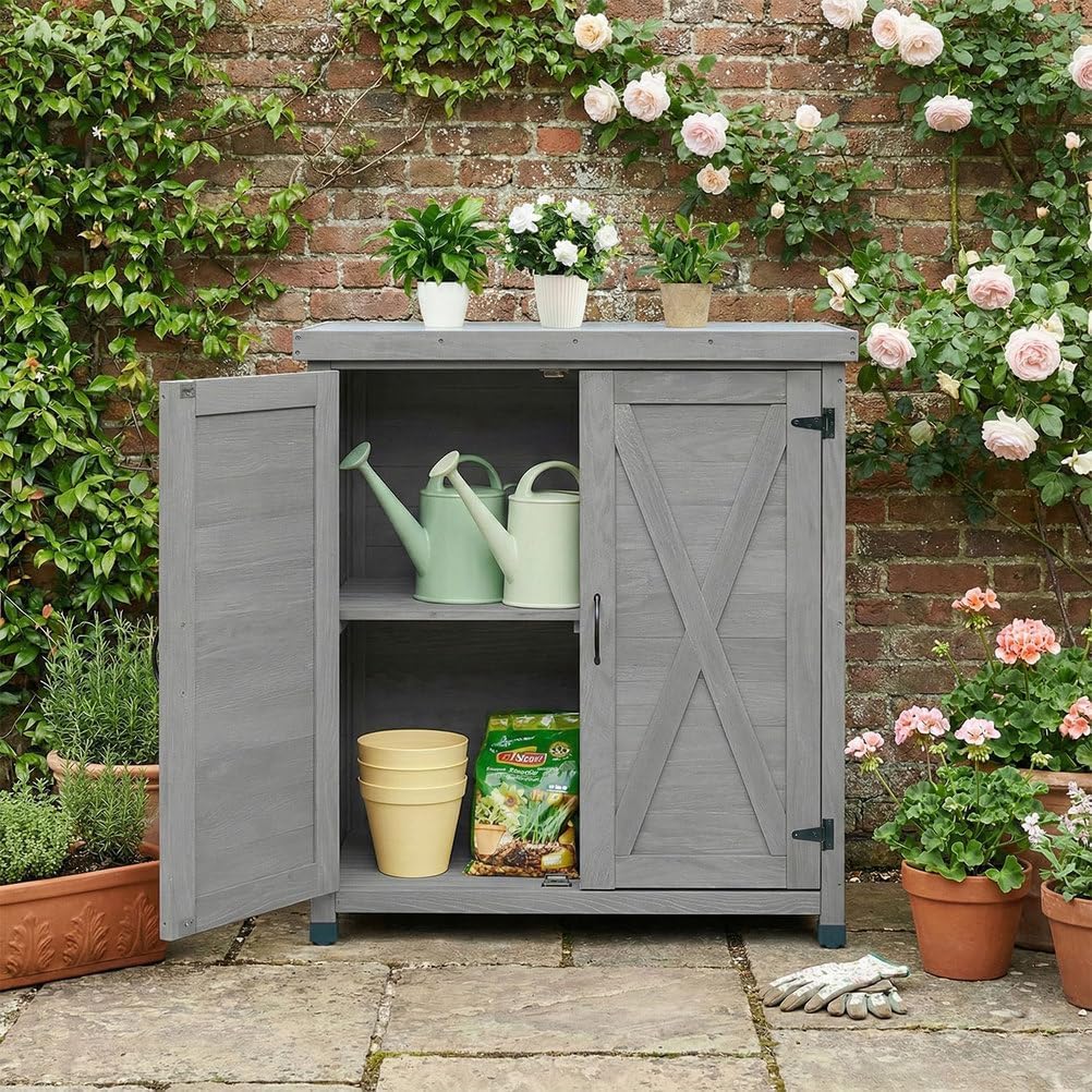 Garden Potting Bench Table, Outdoor Storage Cabinets Weatherproof Storage Cabinet with Metal Table Top Garden Furniture Wood Workstation for Outdoor Patio