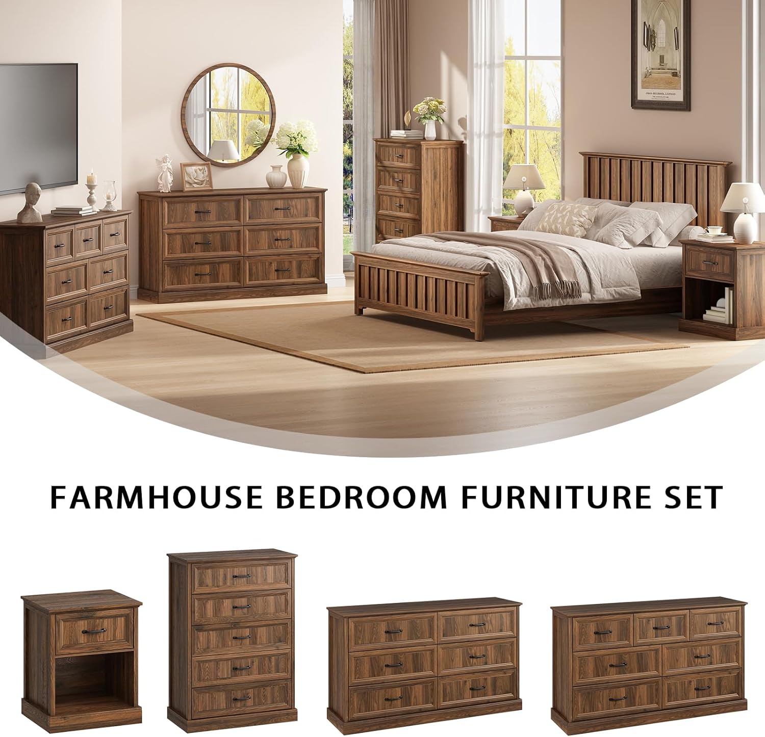 Farmhouse 6 Drawer Dresser for Bedroom, 55 Inch Wide Modern Walnut Dresser TV Stand with Large Drawers & Bar Handles, Rustic Wood Chest of Drawers for Bedroom, Living Room, Hallway, Entryway.