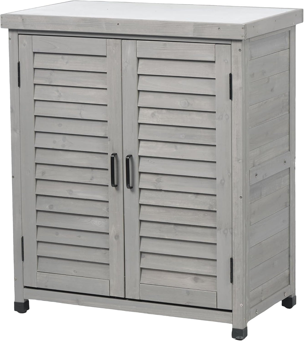 Potting Bench with Storage Cabinet and Metal Table Top for Outdoor Patio, GFurniture Wood Workstation Grey 31.5x17x36''