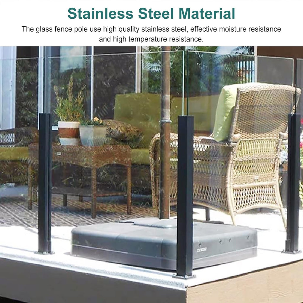 Glass Deck Railing System Glass Panel Post, Glass Railing Post Terraces Black Glass Railing Standoff, Anti-Rust Square Balustrade Panel Clamp for Deck Swimming Pool, Heavy Duty End/Middle/Corner Post(