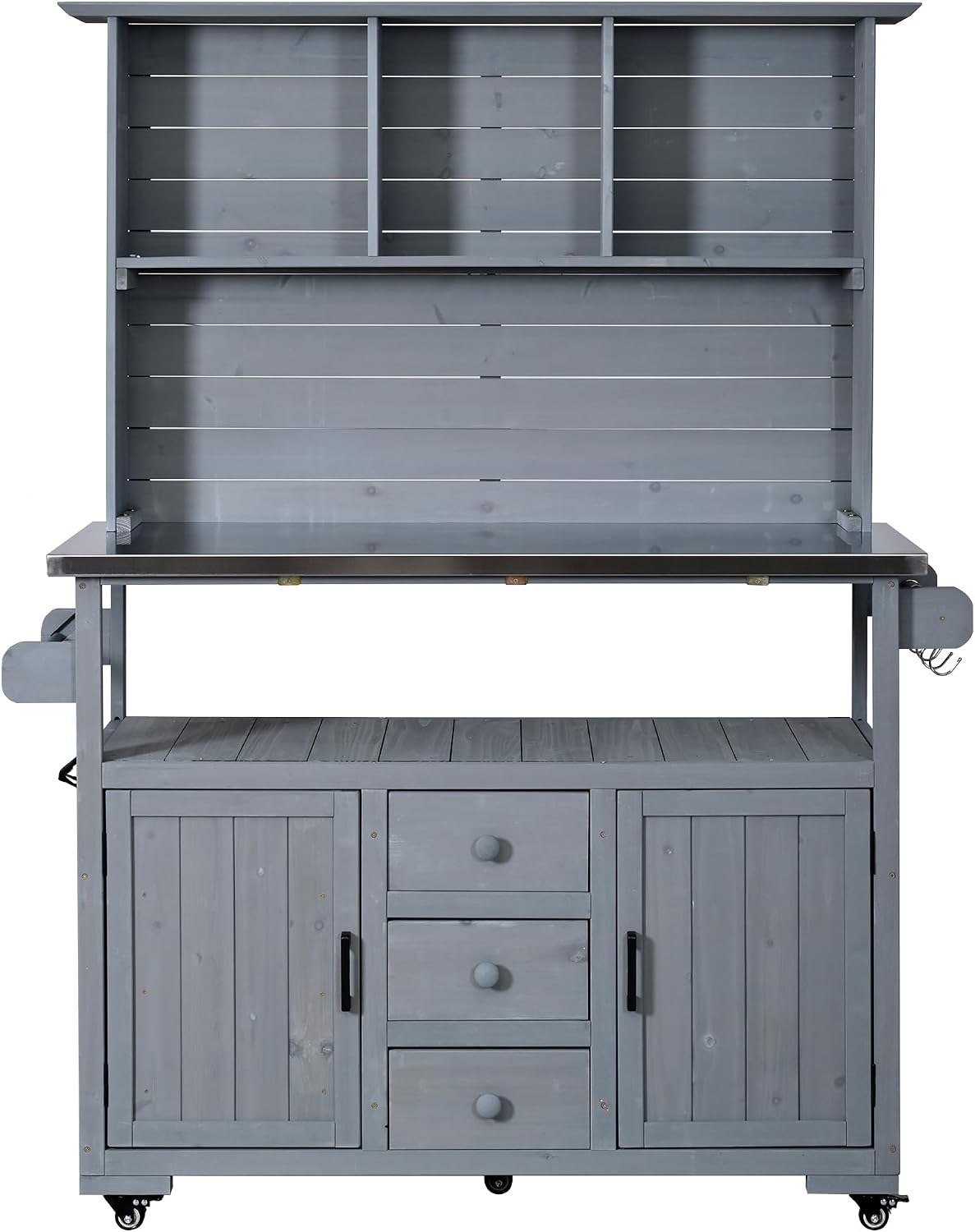 65''H Large Garden Storage Potting Bench with Lockable Wheels, Wood Outdoor Kitchen Island with Stainless Steel top, Drawers, Door Shelves and Hutch for Grilling, Gray