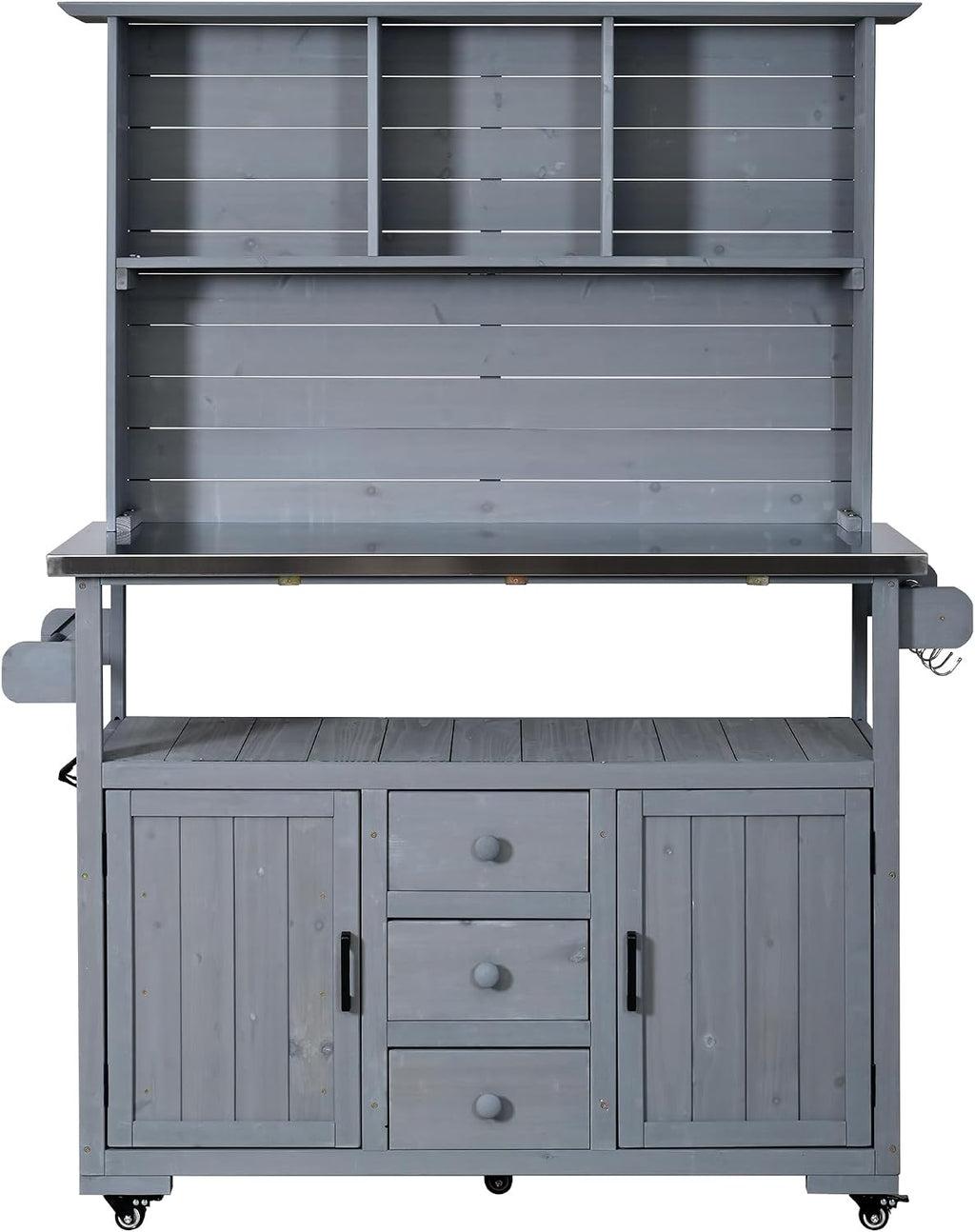 65' H Outdoor Potting Bench Table with Stainless Steel Top, Rolling Garden Potting Table with 3 Drawers and Hutch, Outdoor Kitchen Island on Wheels with Door Shelves for Grilling, Gray