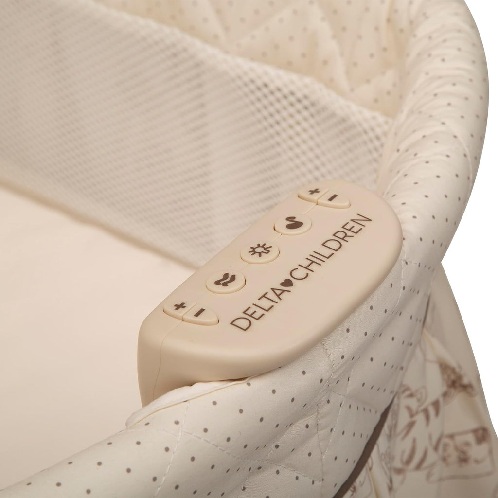 Delta Children Portable Rocking Bassinet for Newborns Bedside Sleeper Crib with Gentle Vibrations, Nightlight, Soothing Music, Adjustable Canopy, Plush Toys, Storage Basket, Baby Essentials