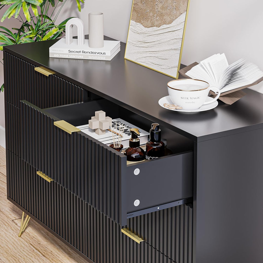 MAISONARIA Black Dresser for Bedroom, Modern Dresser with Gold Metal Handles & Chests of Drawers, Wood Chest of Drawers for Bedroom
