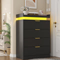 UNIQUITE Black Dresser with LED Lights and Power Outlet, Wooden 4 Drawer Dresser Tall Dresser for Bedroom, Modern Chest of Drawers Closet Organizer for Bedroom, Entryway, Hallway