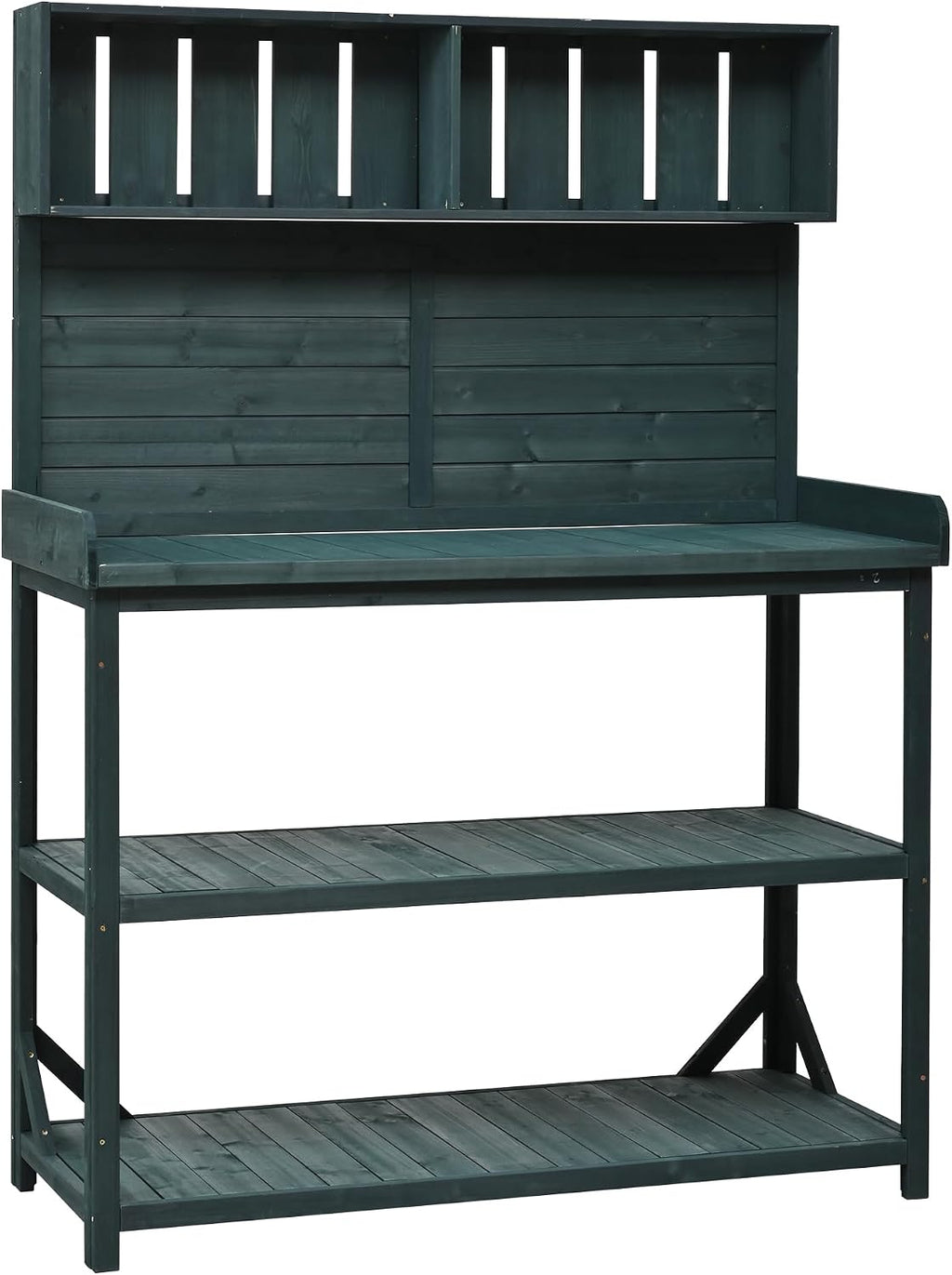 Farmhouse Outdoor Garden Potting Bench Table, Wood Large Patio Workstation, Potting Bench with 4 Storage Shelves and Side Hook for Patio, Backyard and Porch (Forest Green, 65')