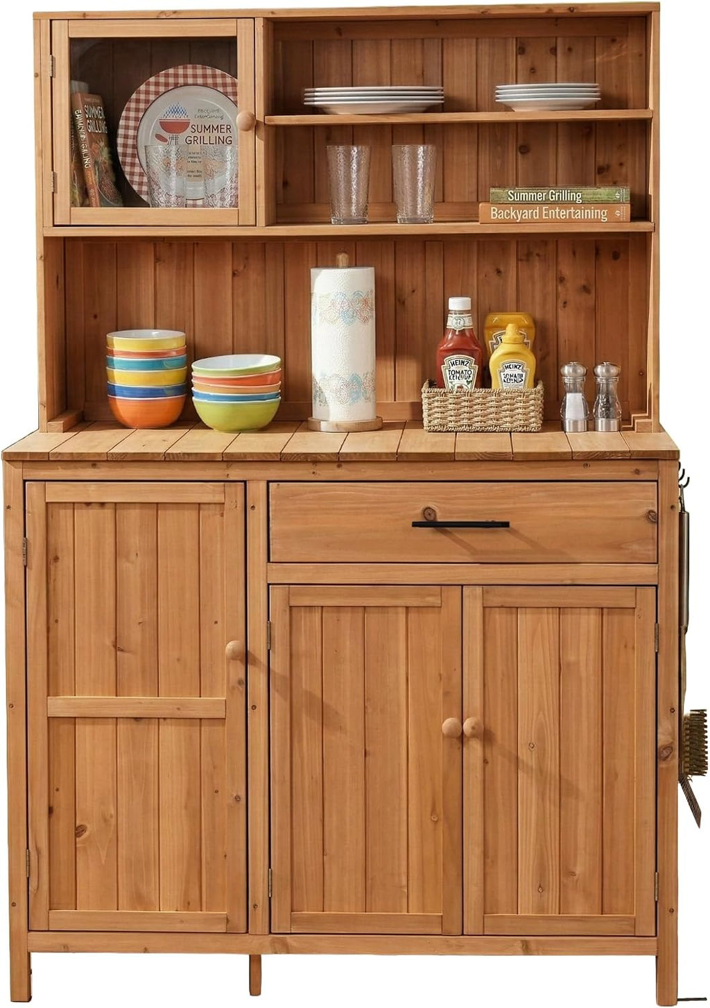 65' H Potting Bench with Hutch and Cabinet, Multi-Functional Outdoor Patio Kitchen Island with Adjustable Shelf and Side Hook, Garden Table with Storage Drawers and Spice Rack Natural