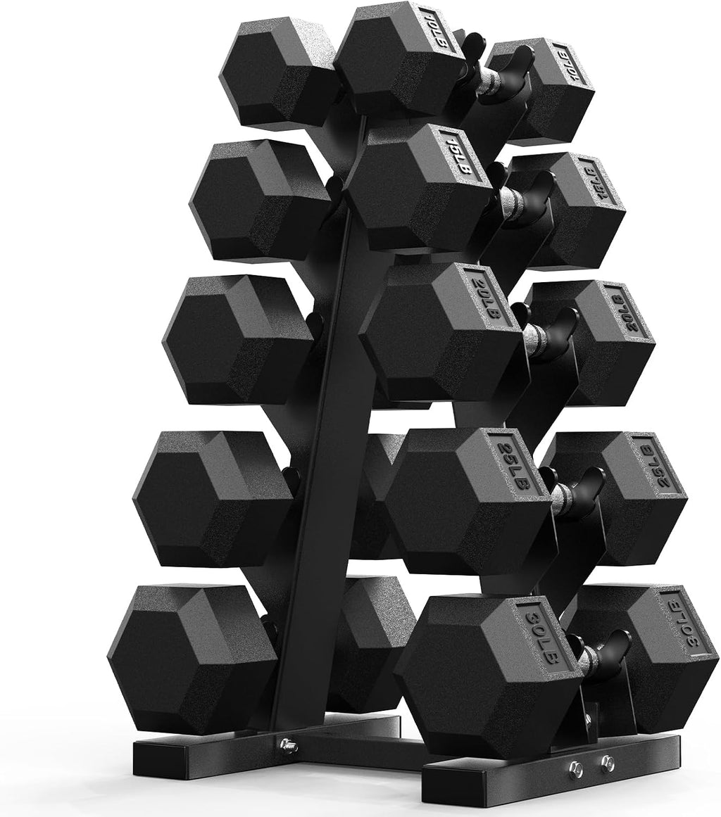 PAPABABE Hex Dumbbell Sets with Rack, 100-600lb Rubber Coated Dumbbell Weight Set and Storage Rack, Multiple Options Hand Weights for Strength Training