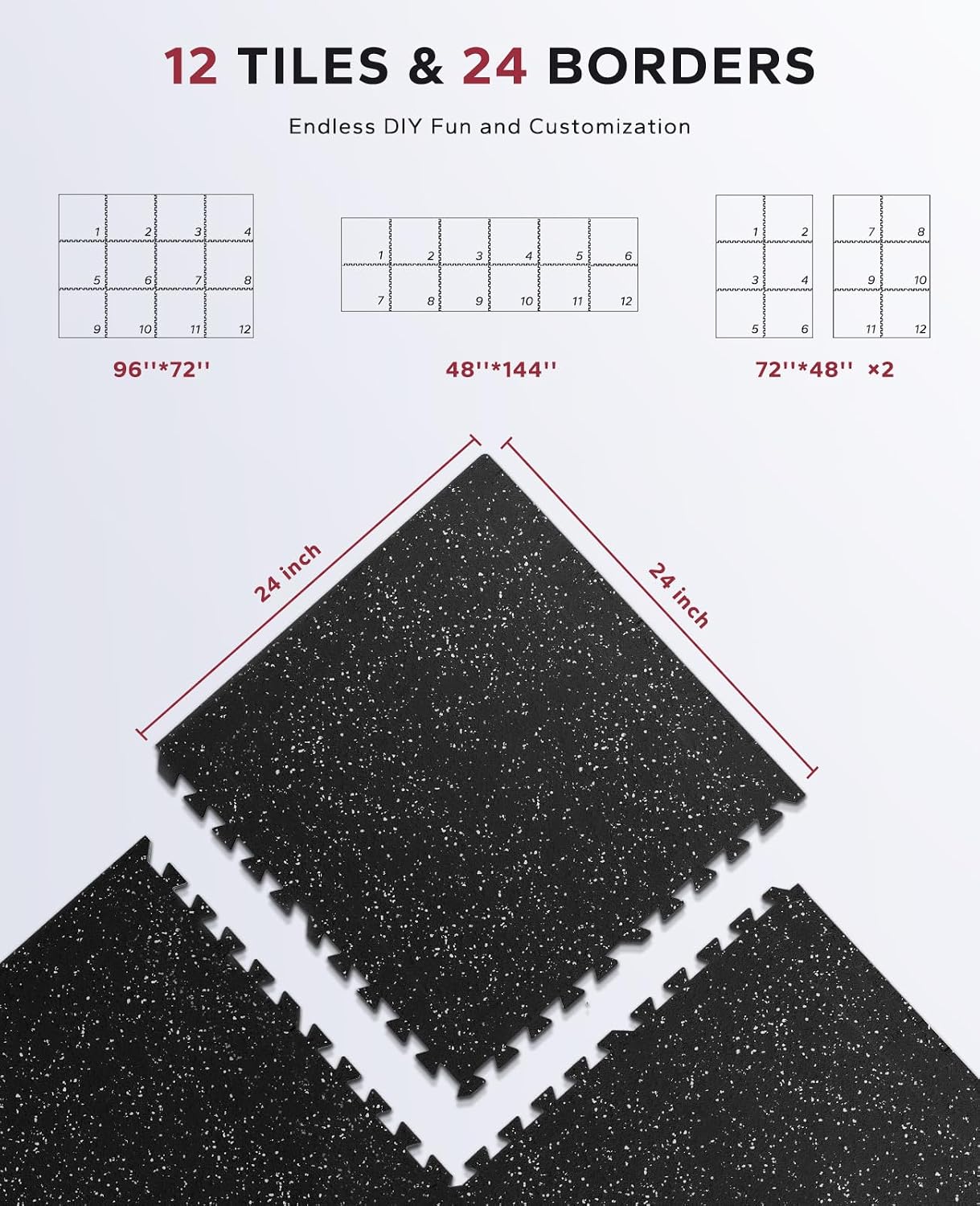HAPBEAR 0.56'' Thick 12 Pcs 48 Sq Ft Exercise Equipment Mats - High-Density Rubber Top EVA Foam Interlocking Mats, 24x24in Tiles, Heavy-Duty Treadmill Mat for Hardwood Floors, Home Gym Mat