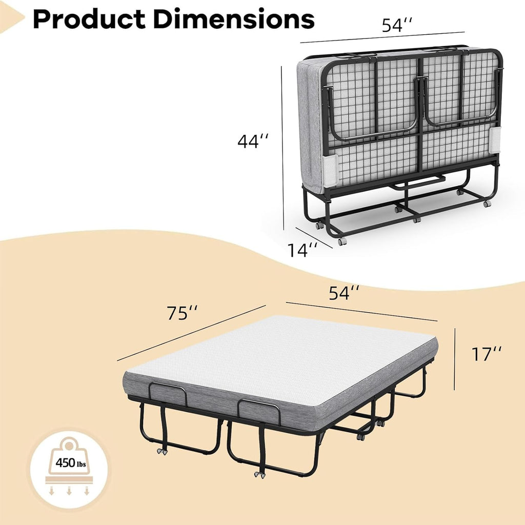 Espsilto Full Size 75''x54'' Folding Bed with Mattress for Adult - Extra Large Wide Rollaway Bed for Guest, Comfortable Sleep in a Large Space