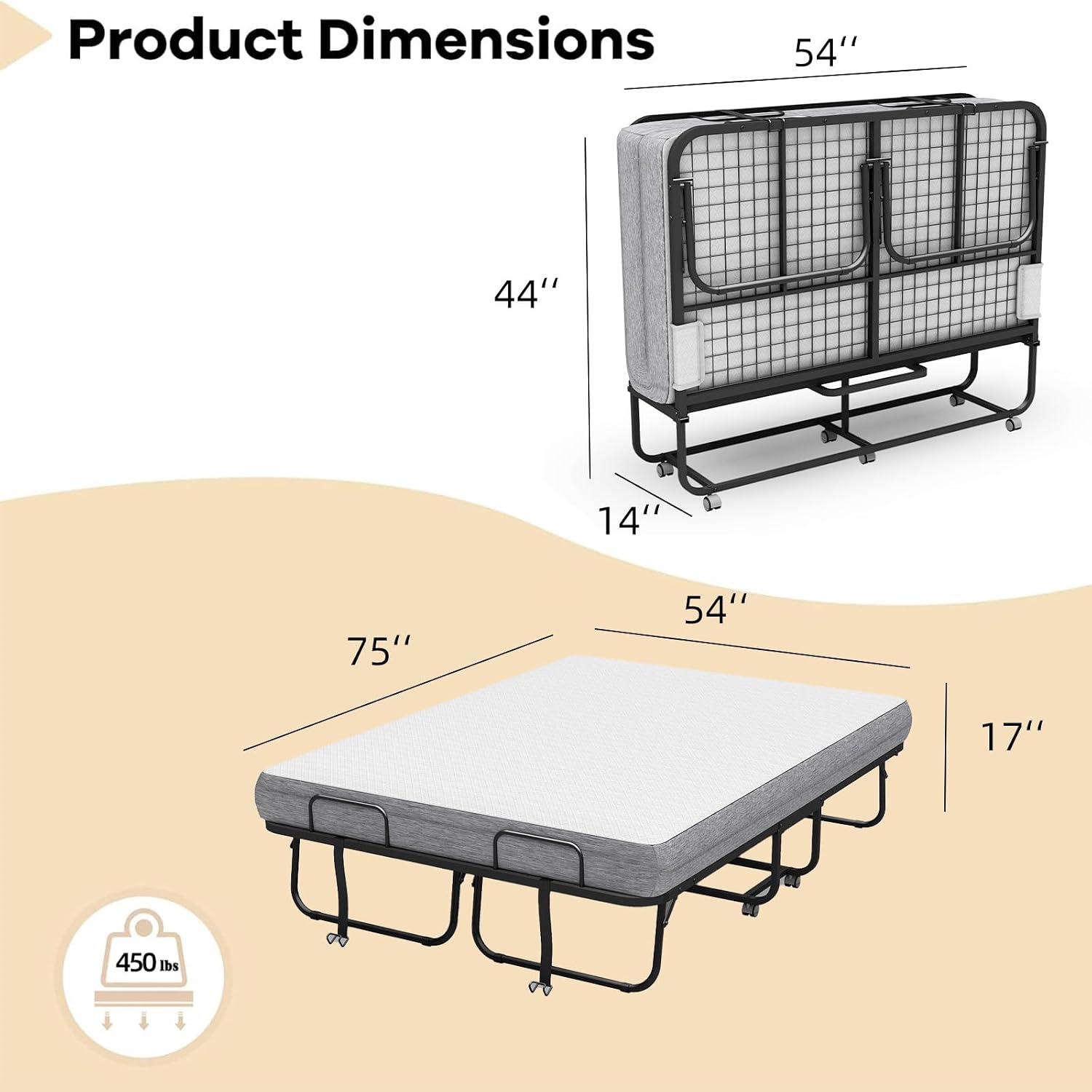 Espsilto Full Size 75''x54'' Folding Bed with Mattress for Adult - Extra Large Wide Rollaway Bed for Guest, Comfortable Sleep in a Large Space