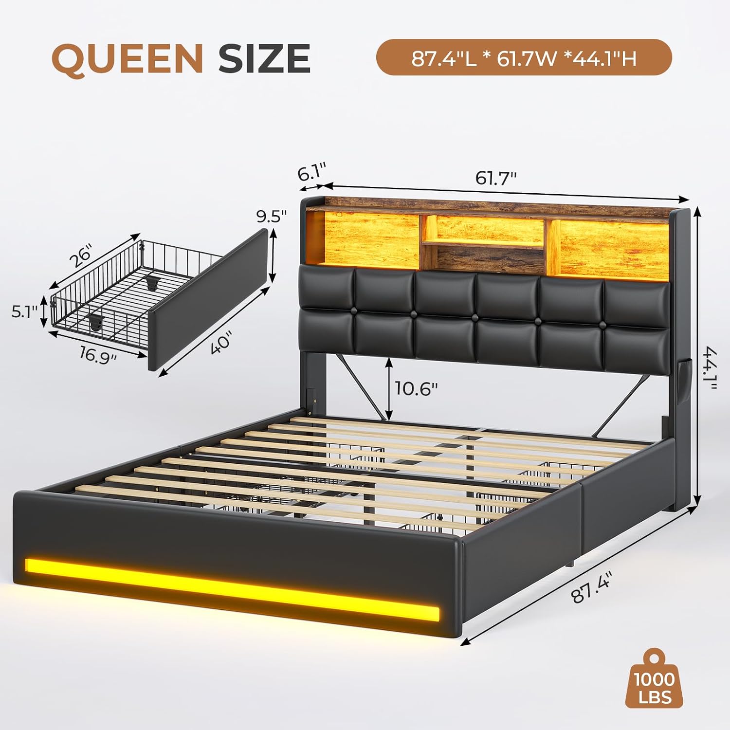 VIAGDO Queen Bed Frame with Bookcase Headboard and Storage, Upholstered Platform Bed Frame Queen Size with Charging Station, 4 Drawers and LED Lights, Heavy Duty, No Box Spring Needed, Black