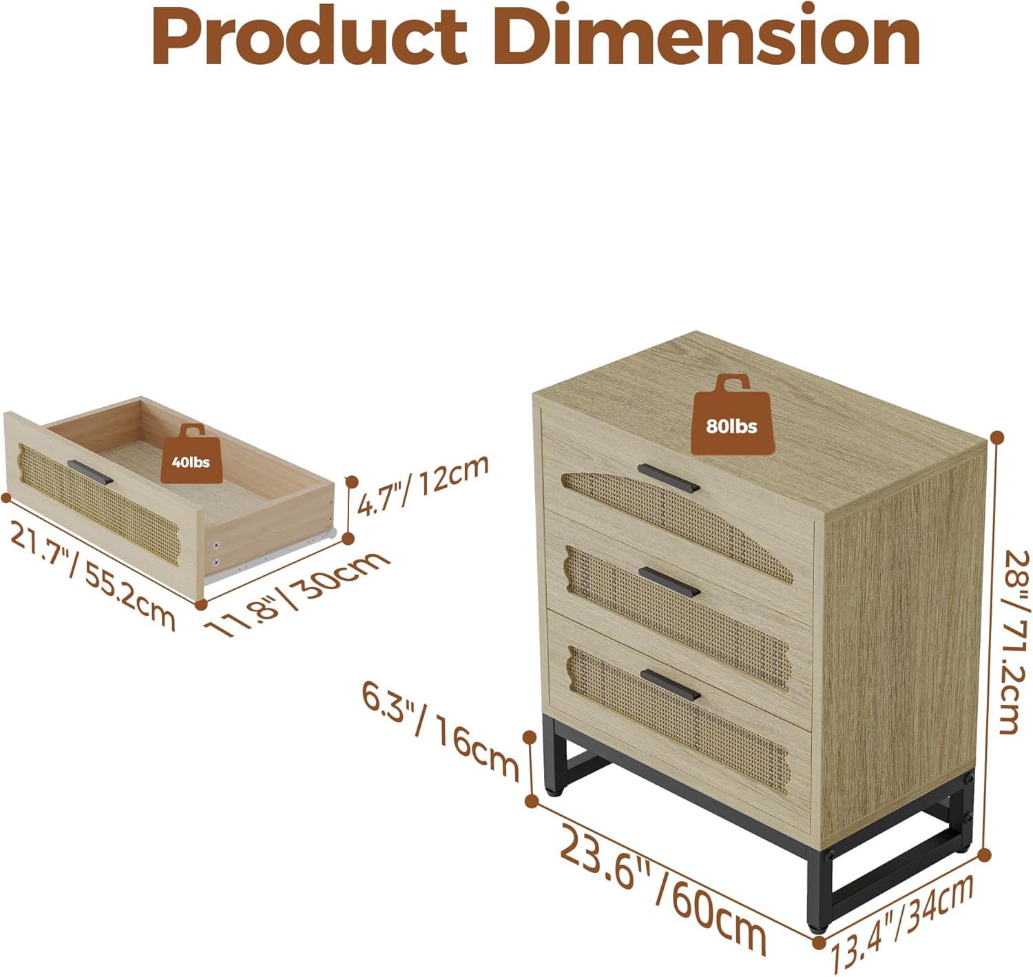 Mericonia 3 Drawer Rattan Dresser for Bedroom, Wood Dresser for Closet with Metal Handles, Small Boho Nightstand Sets, Dressers & Chests of Drawers for Bedroom, Hallway and Entryway, Oak
