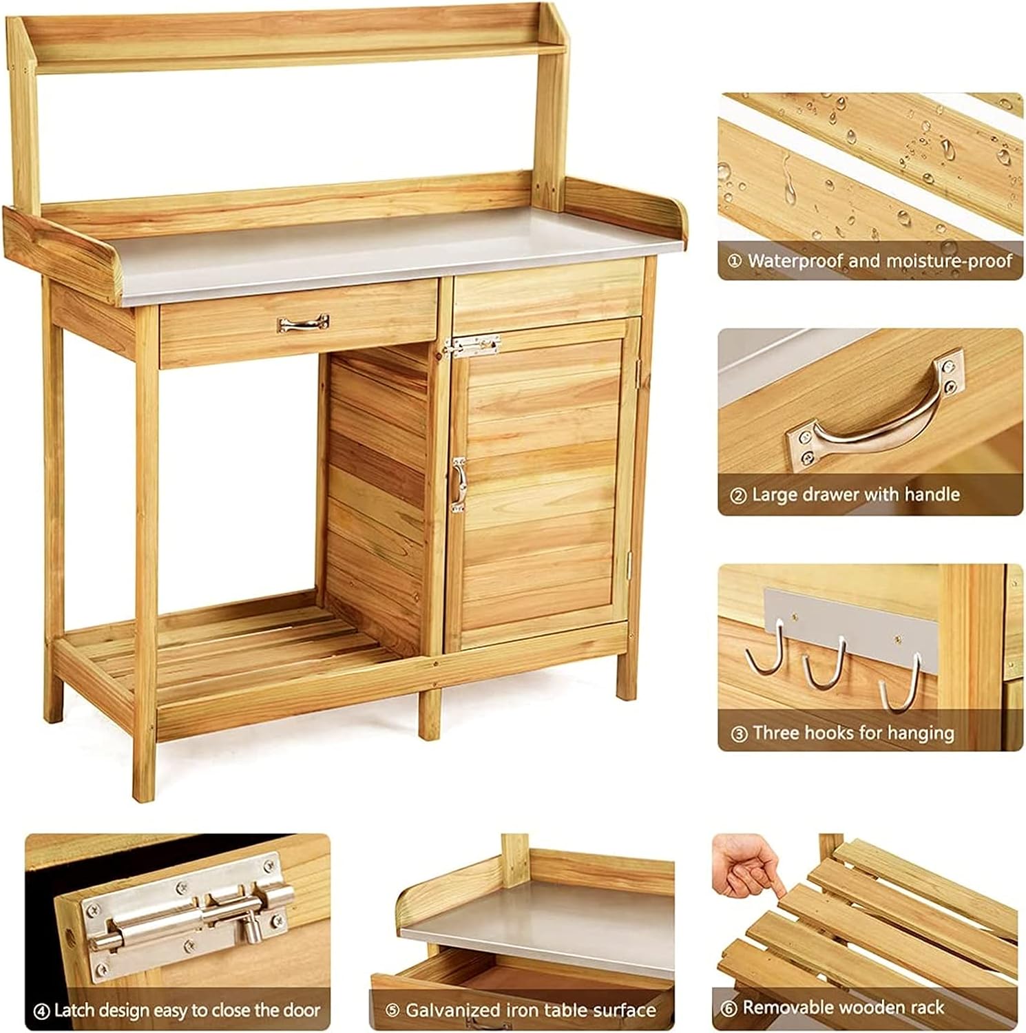 Wooden Garden Potting Bench Tables Work Station with Metal Table Top, Cabinet, Sliding Drawer and Hook,Storage Boacttom Shelf,101.6x41.4x125cm