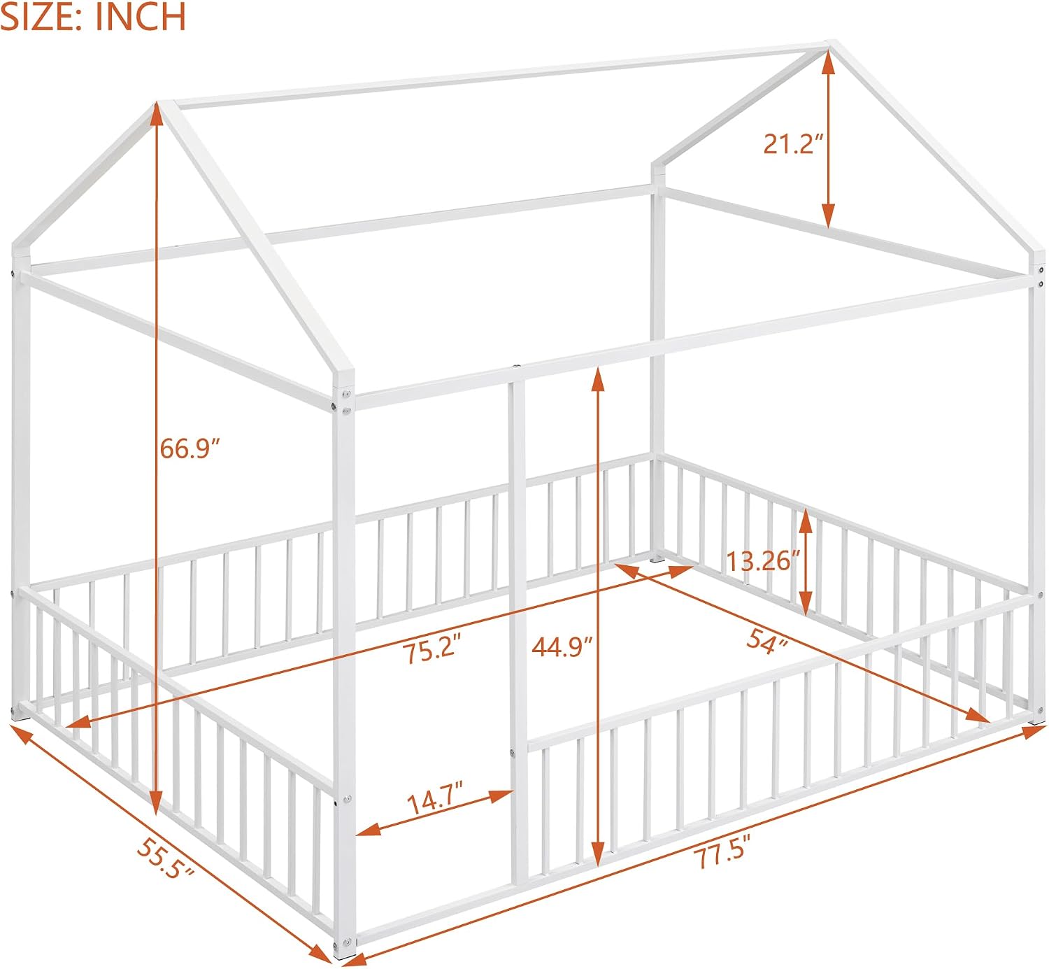 Bellemave Full Size House Floor Montessori Bedframe with Rails and roof, Metal House Bed for Kids, Montessori Floor Beds for Kids White