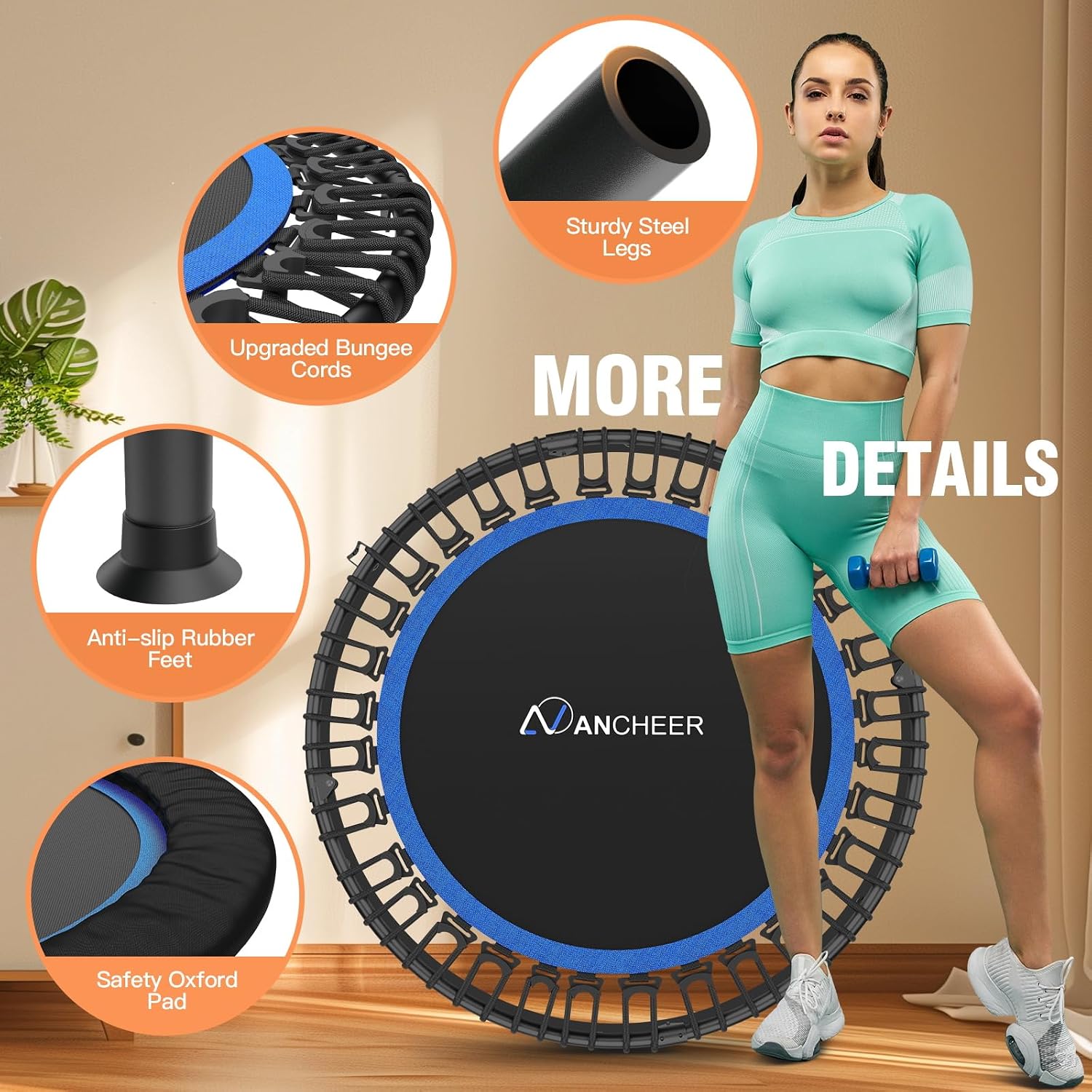 ANCHEER 40'/48' Foldable Mini Trampoline,Max Load 450lbs/550lbs Indoor Trampoline,with 4 Level Adjustable Foam Handle and Resistance Bands,Adult Exercise Trampoline for Home, Garden, and Gym