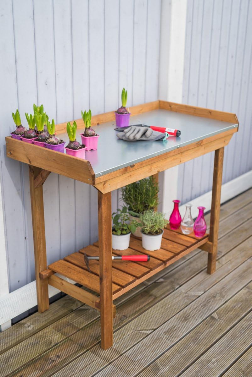 Gardeners Table with Tin Surface – Outdoor Potting Table with Metal Top, Gardening Workstation for Planting, Potting & Yard Tasks