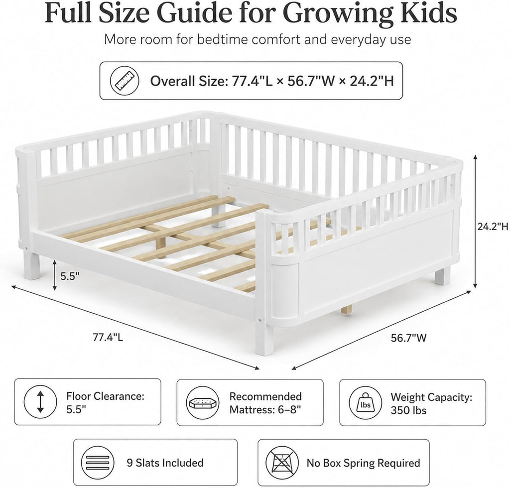 Full Size Kids Bed Frame, Low Profile Montessori Bed Full with Rails, Wood Daybed for Girls & Boys, No Spring Box Required, No Squeaks, White