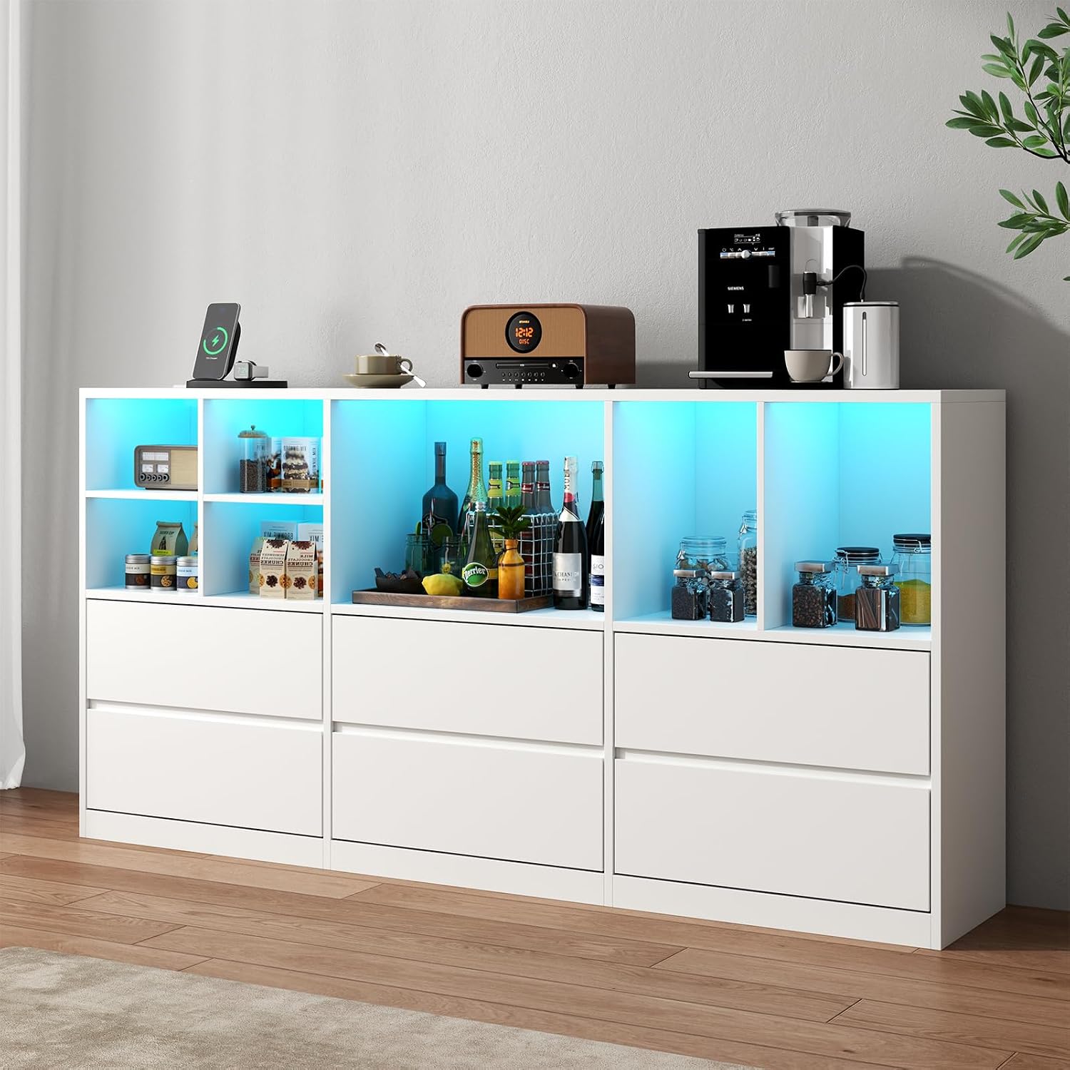 Gyfimoie White Dresser for Bedroom with 6 Drawers, Chest of Drawers with Led Lights&Charging Station, 63' Long Dresser with 7 Open Cubbies, Storage Drawers for Living Room, Closet, Hallway (White)