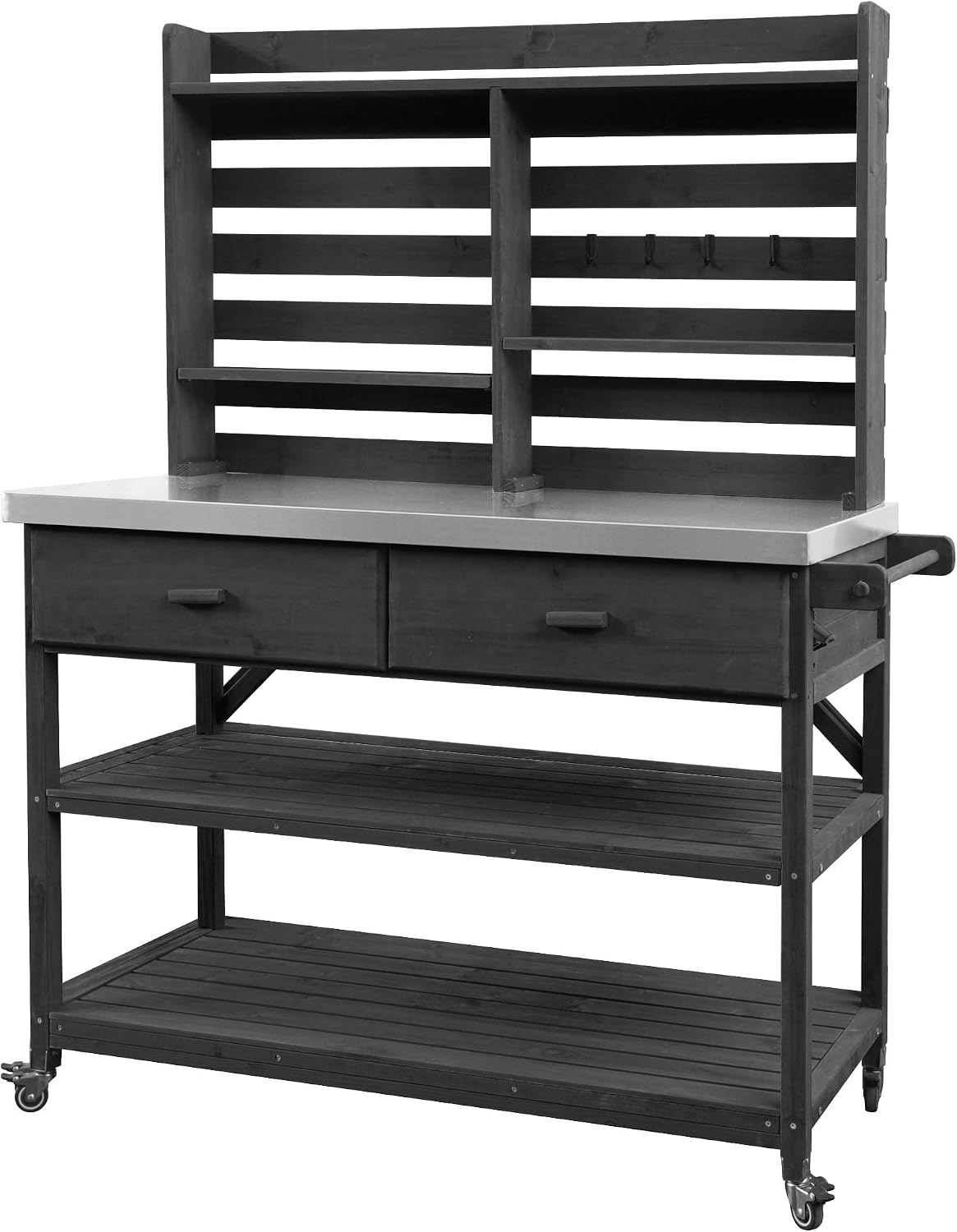 Outdoor Potting Bench Table with Lockable Wheels, Wood Outdoor Workbench with Upper Hutch, Stainless Steel Top, Towel Rack for Grilling, Lawn Garden (Black, 64.9' H)