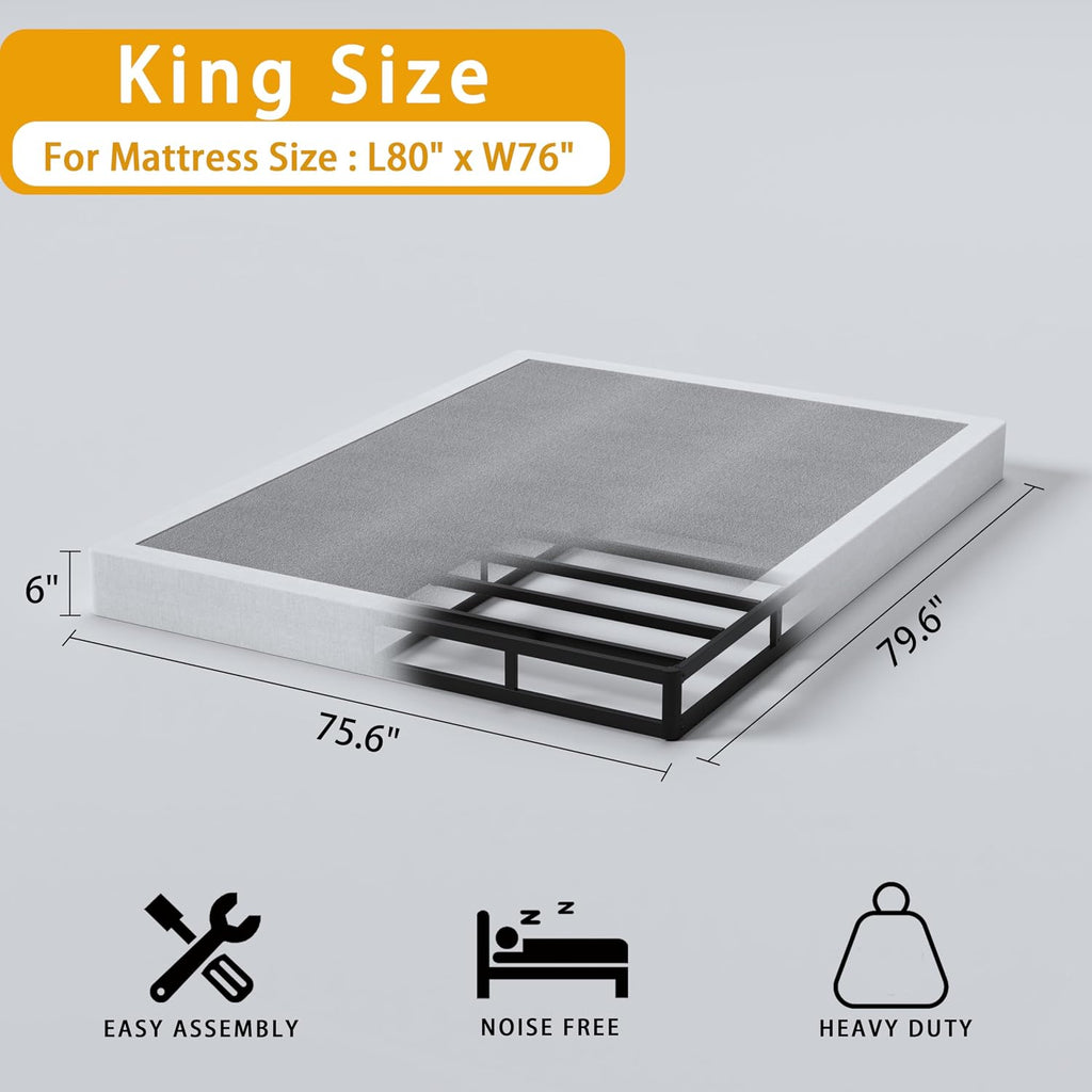 SHLAND Box Springs King 6 Inch High King Size Box Spring Strong Metal Frame Mattress Foundation with Fabric Cover, Box Spring King Size Bed, Easy Assembly
