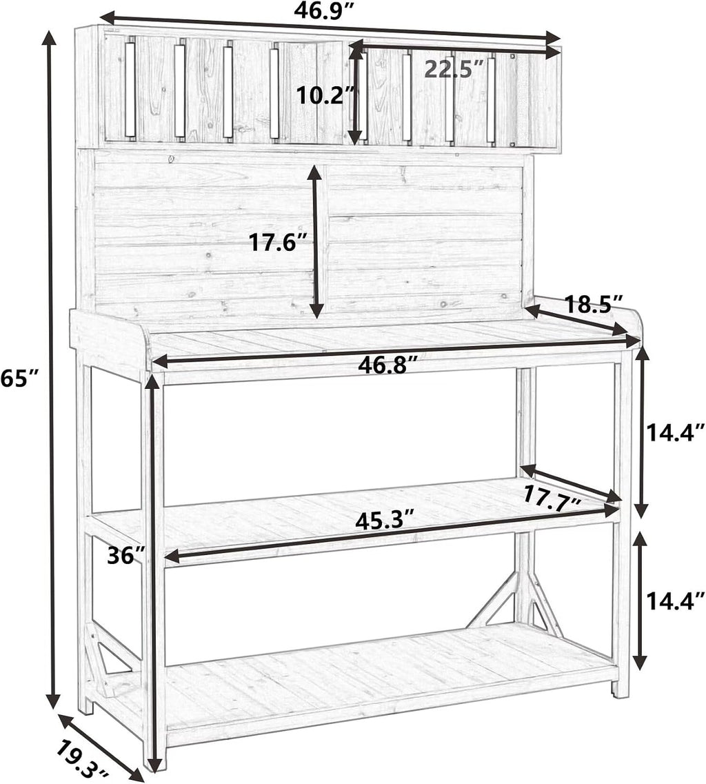 JIJIWANG 65' Large Wooden Farmhouse Rustic Outdoor Potting Bench Table, Patio Workstation, Garden Potting Bench with 4 Storage Shelves and Side Hook, Forest Green