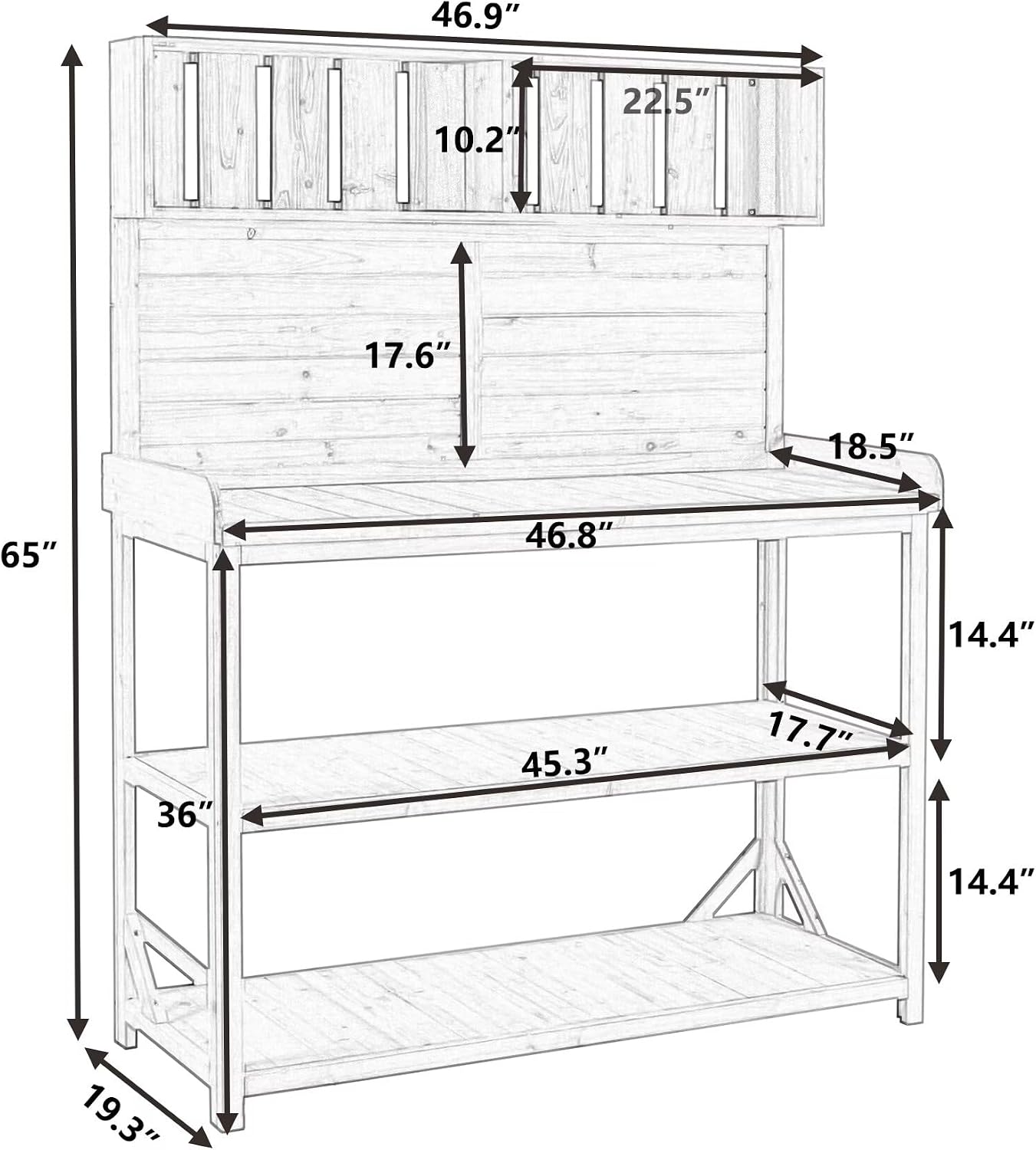 JIJIWANG 65' Large Wooden Farmhouse Rustic Outdoor Potting Bench Table, Patio Workstation, Garden Potting Bench with 4 Storage Shelves and Side Hook, Forest Green