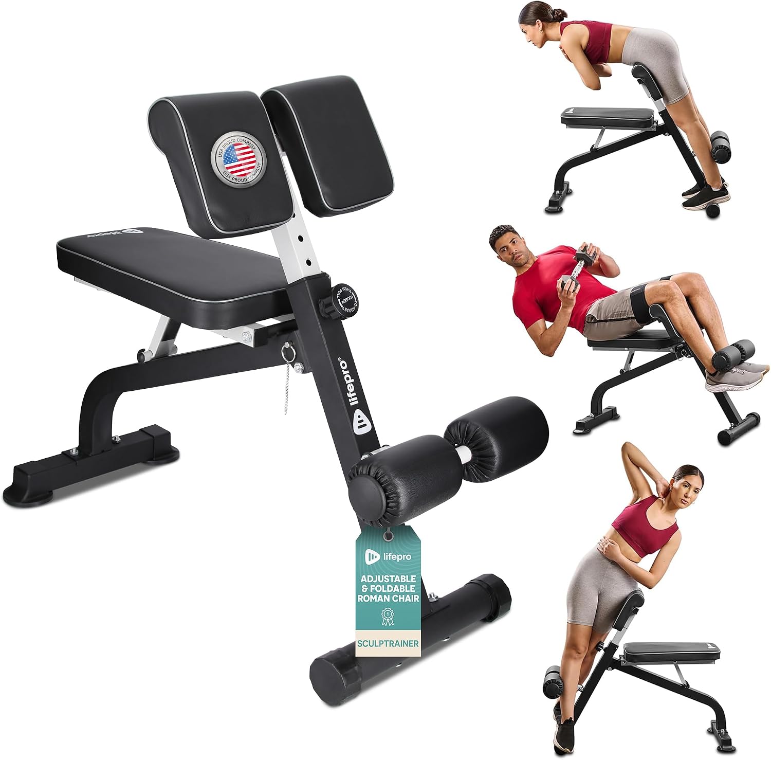 LifePro SculptTrainer Roman Chair with 330 lb Capacity — Incline Adjustable Hyperextension Bench for All-in-One Body Workout — Foldable Home Gym Back Extension Machine for Glutes, Core & Lower Back