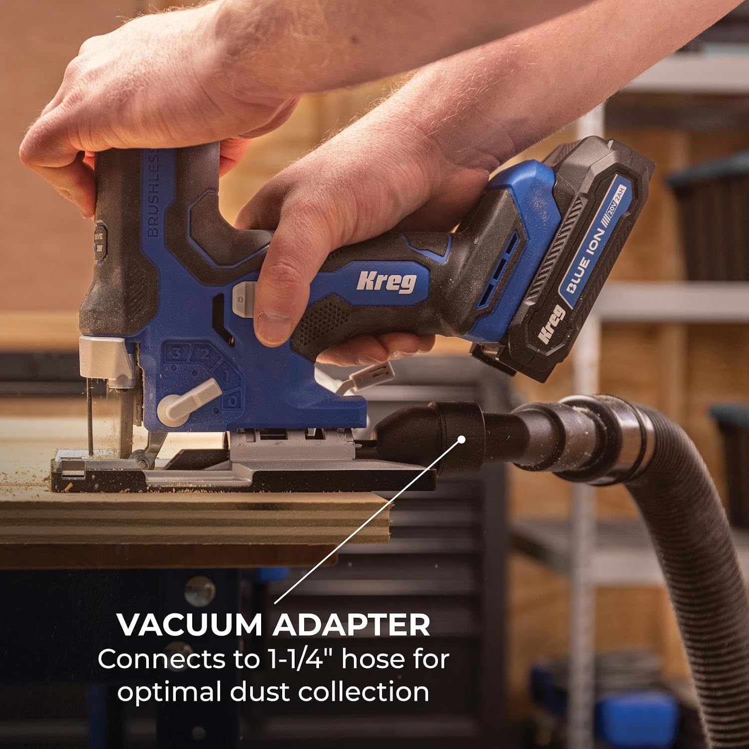 Kreg 20V Ionic Drive Barrel Grip Jigsaw, 20V Blue Ion Charger & Blue Ion 2Ah Battery Pack - Cordless & Compact - Precision Cutting - 20V Variable Speed - LED Lights & Built-In Blower - KPTBJS100A