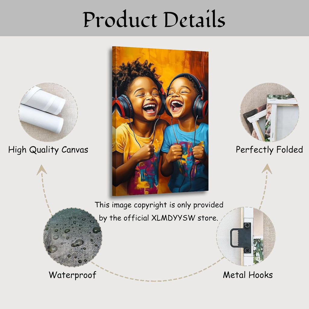 XLMDYYSW African American Wall Art Two African Children with Headphones Picture Black Kids Music Canvas Print Kid Laughter Painting Boy Girl Room Decor Frame (42L x 28W)